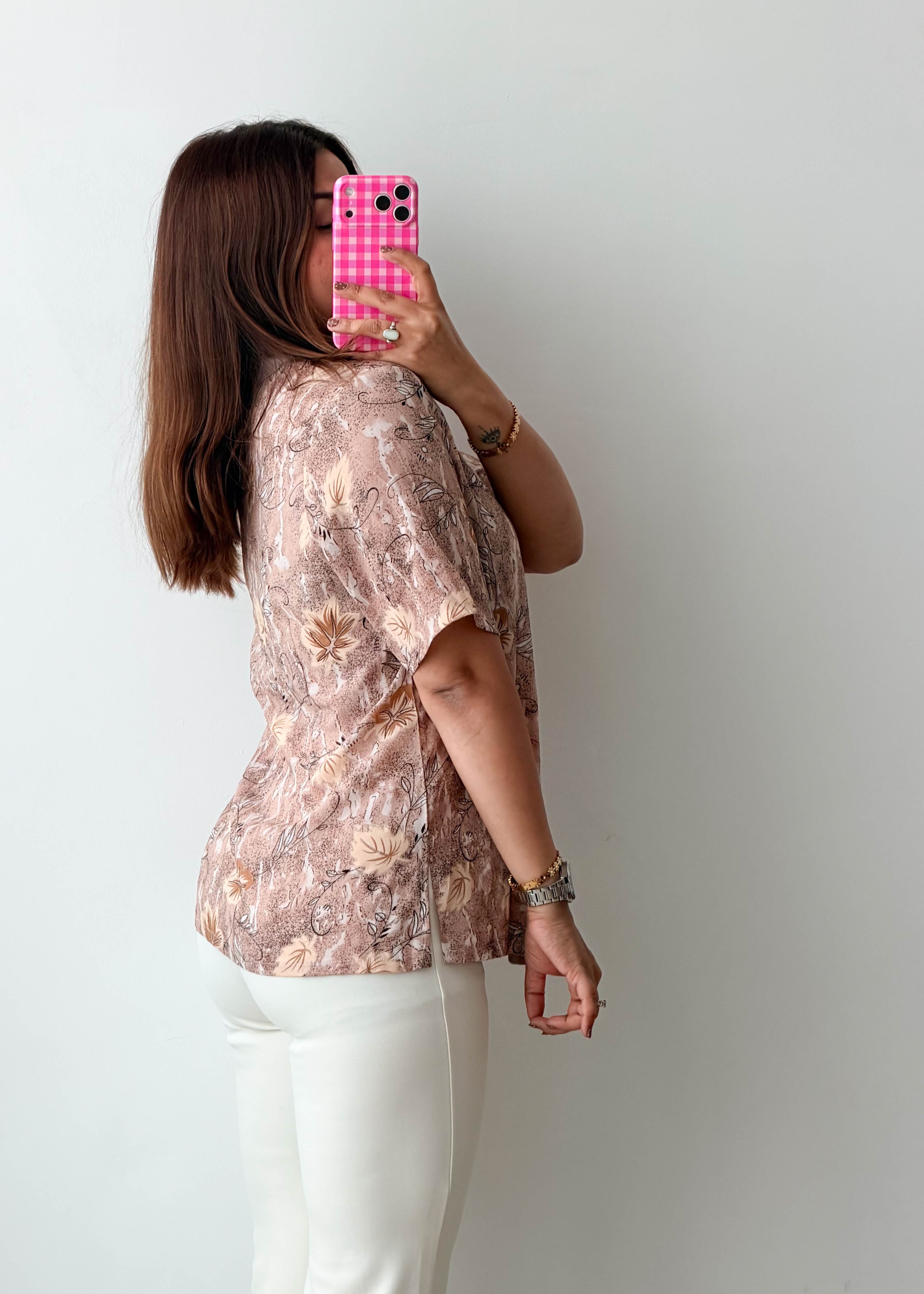 Size S-M Beige Botanical Print Button Shirt Top