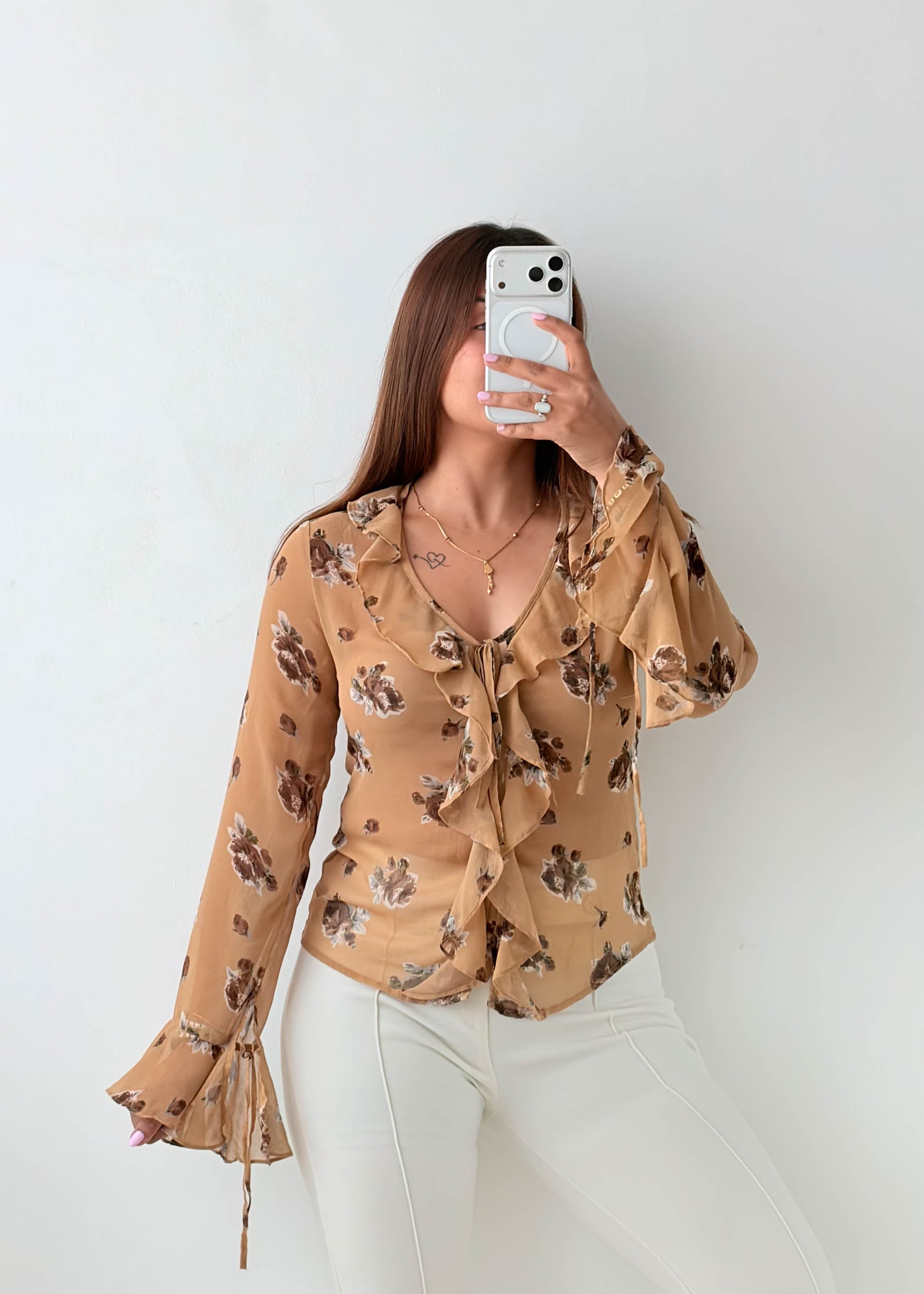 Size XS-S Beige Floral Ruffle Blouse