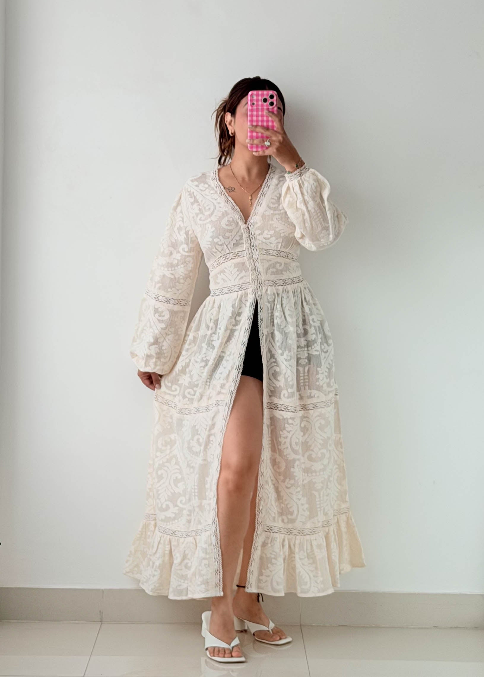 Size M-L White Embroidered Lace Maxi Dress