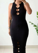 Size XS-S, Black Cut-Out Ribbed Midi Dress - Closet by Payal