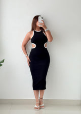 Size S-M Black Contrast Cut-Out Knit Midi Dress