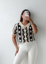 Size S-M Black & White Crochet Collar Top