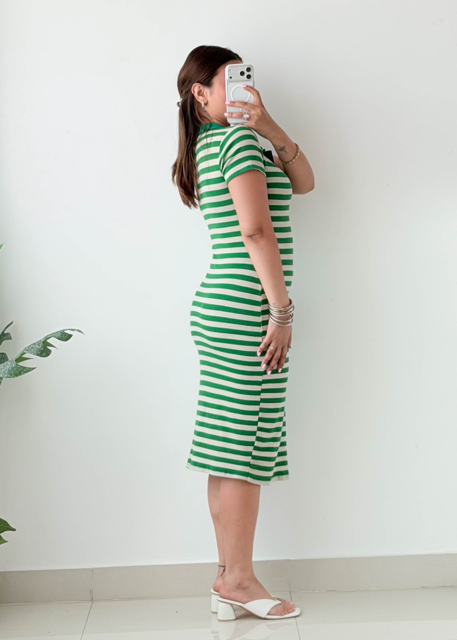 Size XS-S Green Striped Polo Midi Dress