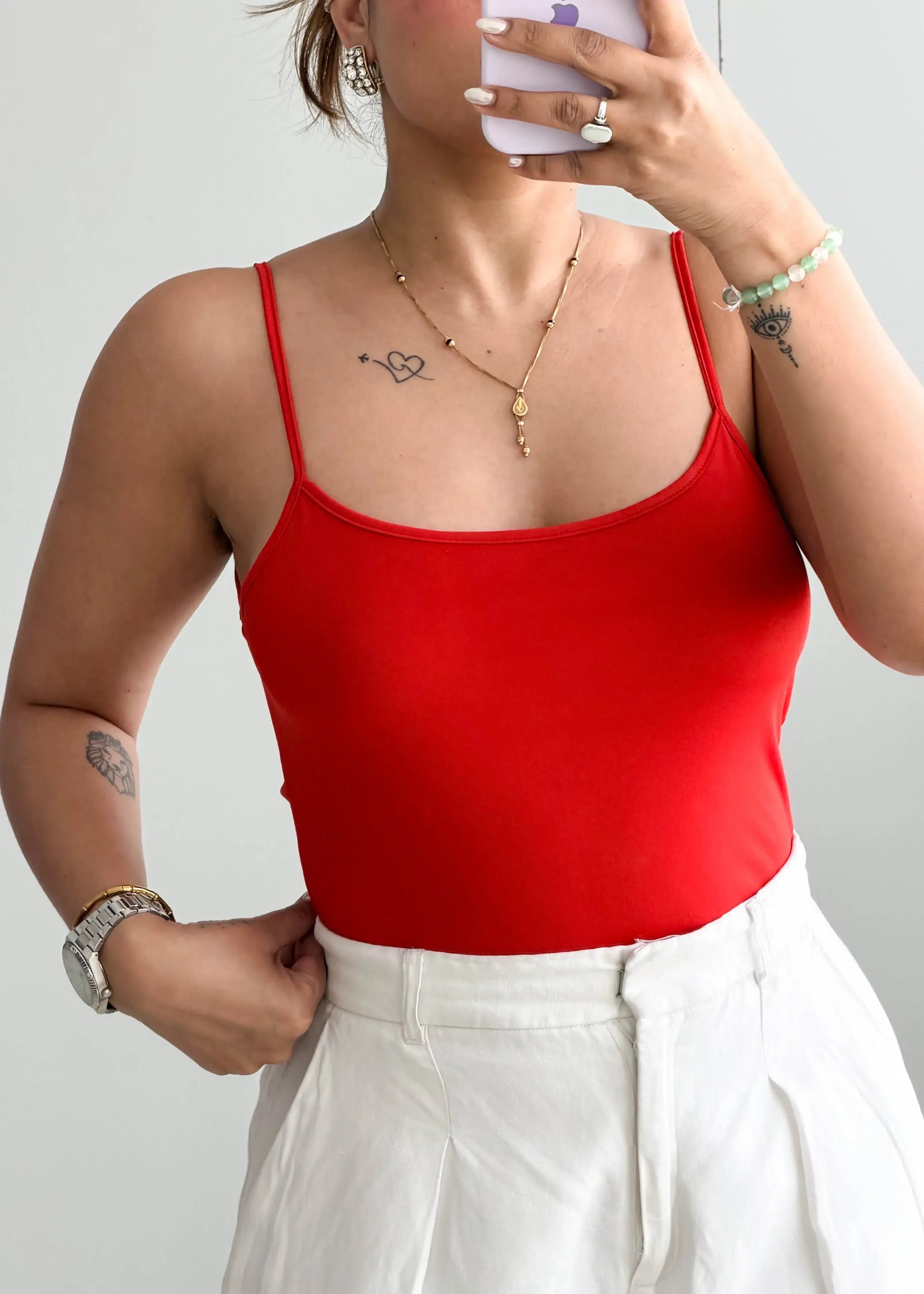 Size M-L, Red Square Neck Cami Top - Closet by Payal