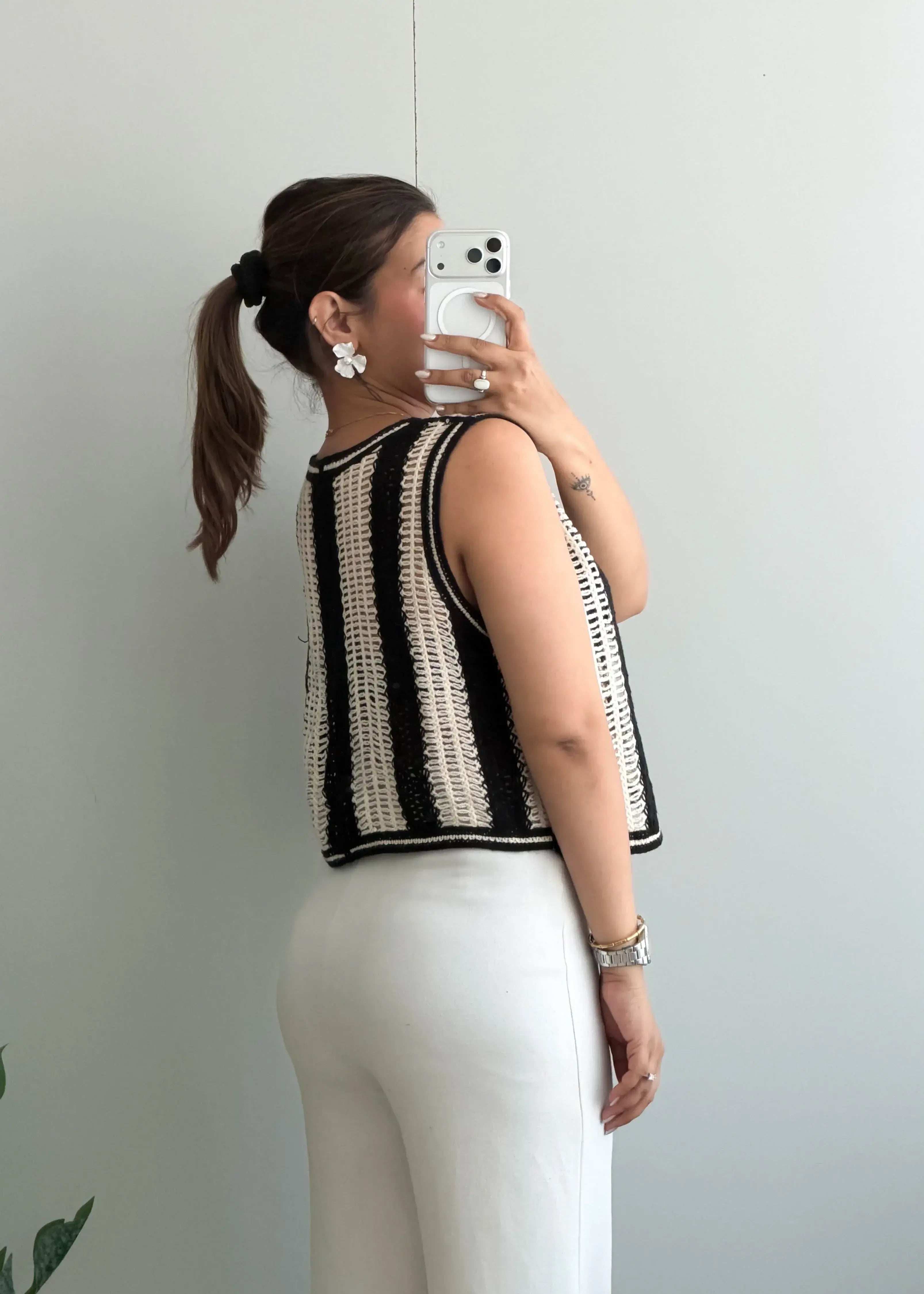 Size M, Black & Cream Crochet Vest Top - Closet by Payal