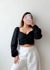Size M Black Ruched Puff Sleeve Crop Top