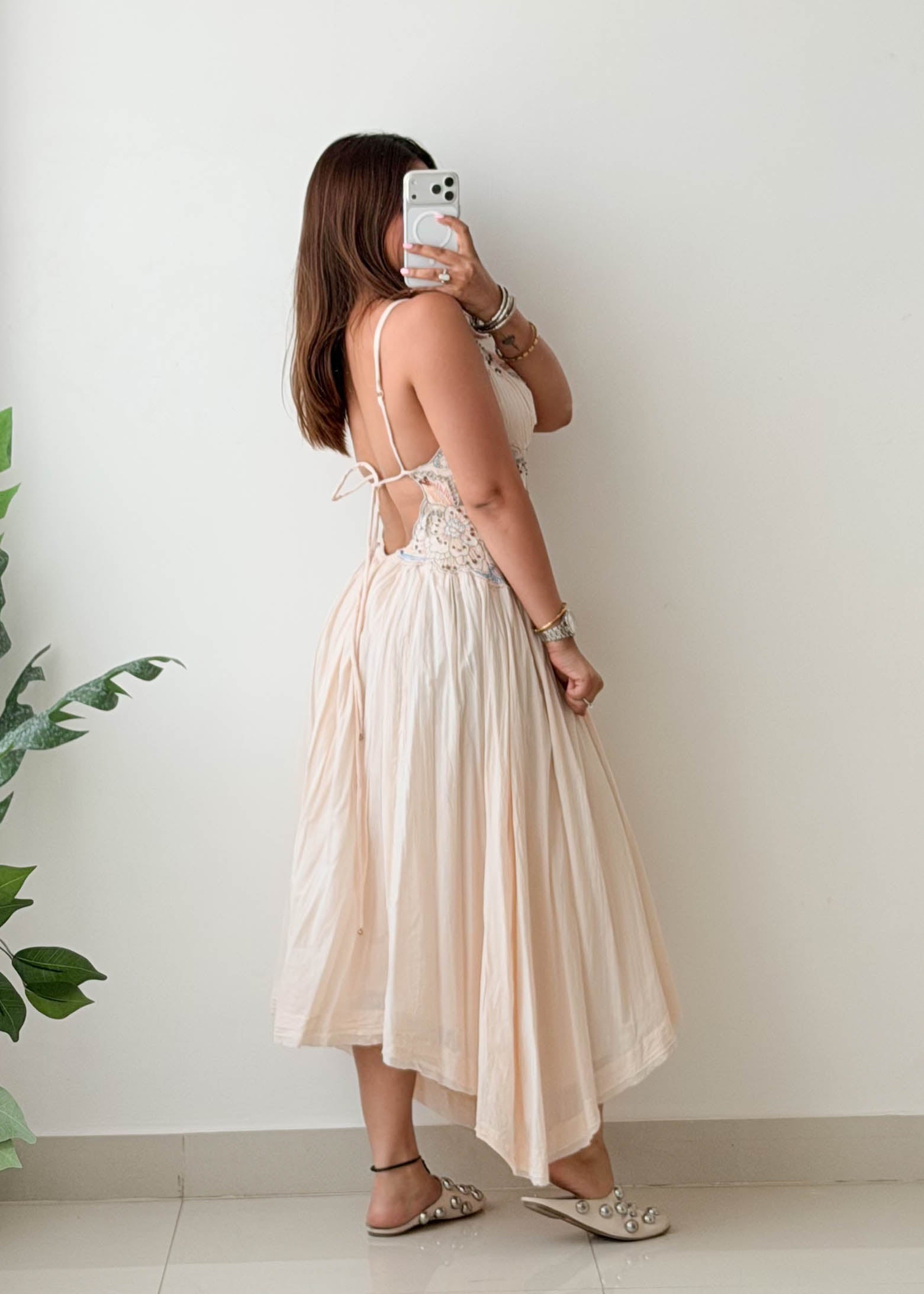 Size S-M Cream Embroidered Flared Midi Dress