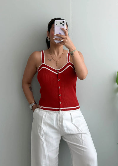 Size S-M, Red Button Front Ribbed Tank Top - Closet by Payal