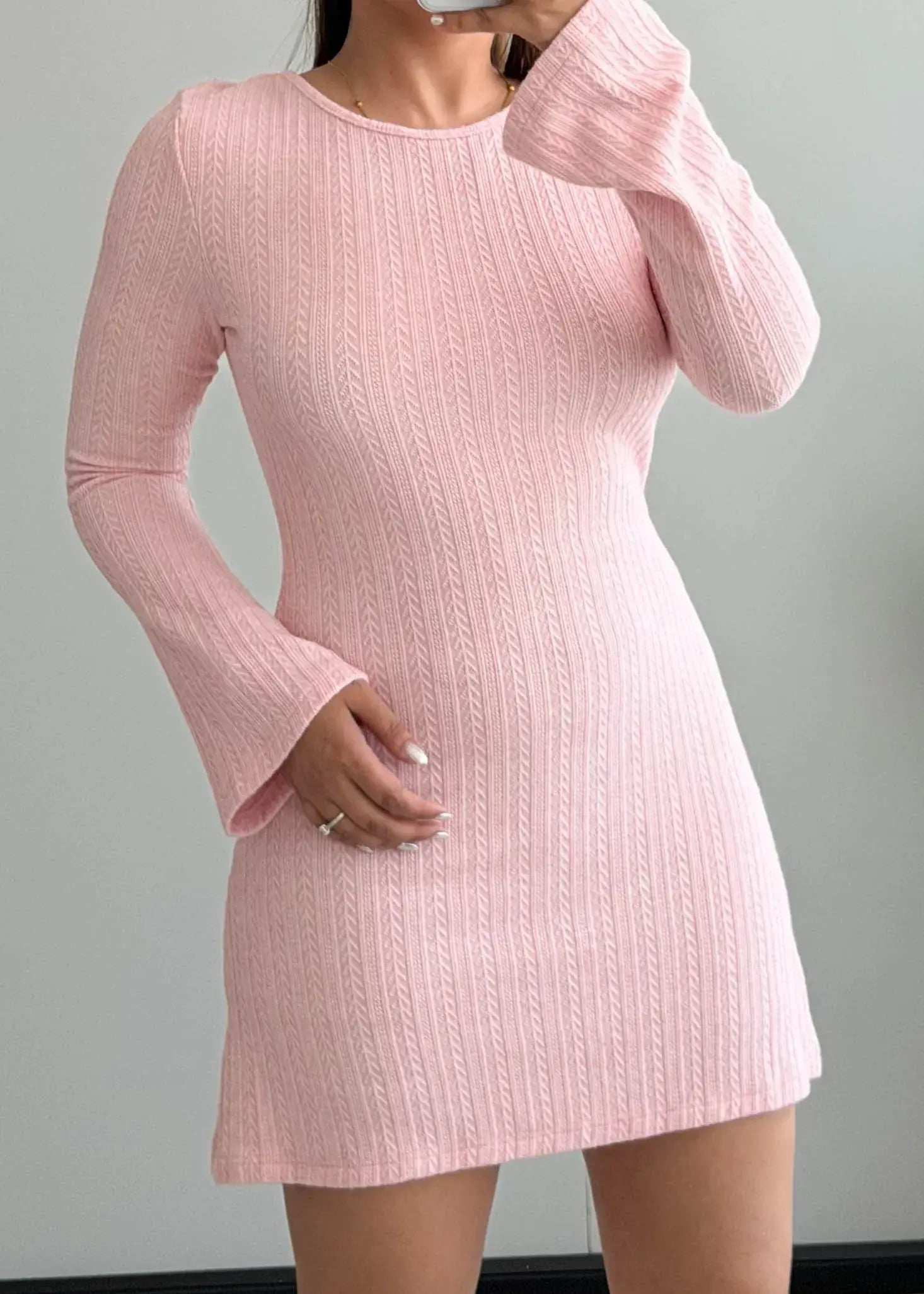 SIZE XS-S, Soft Pink Ribbed Long Sleeve Mini Dress - Closet by Payal