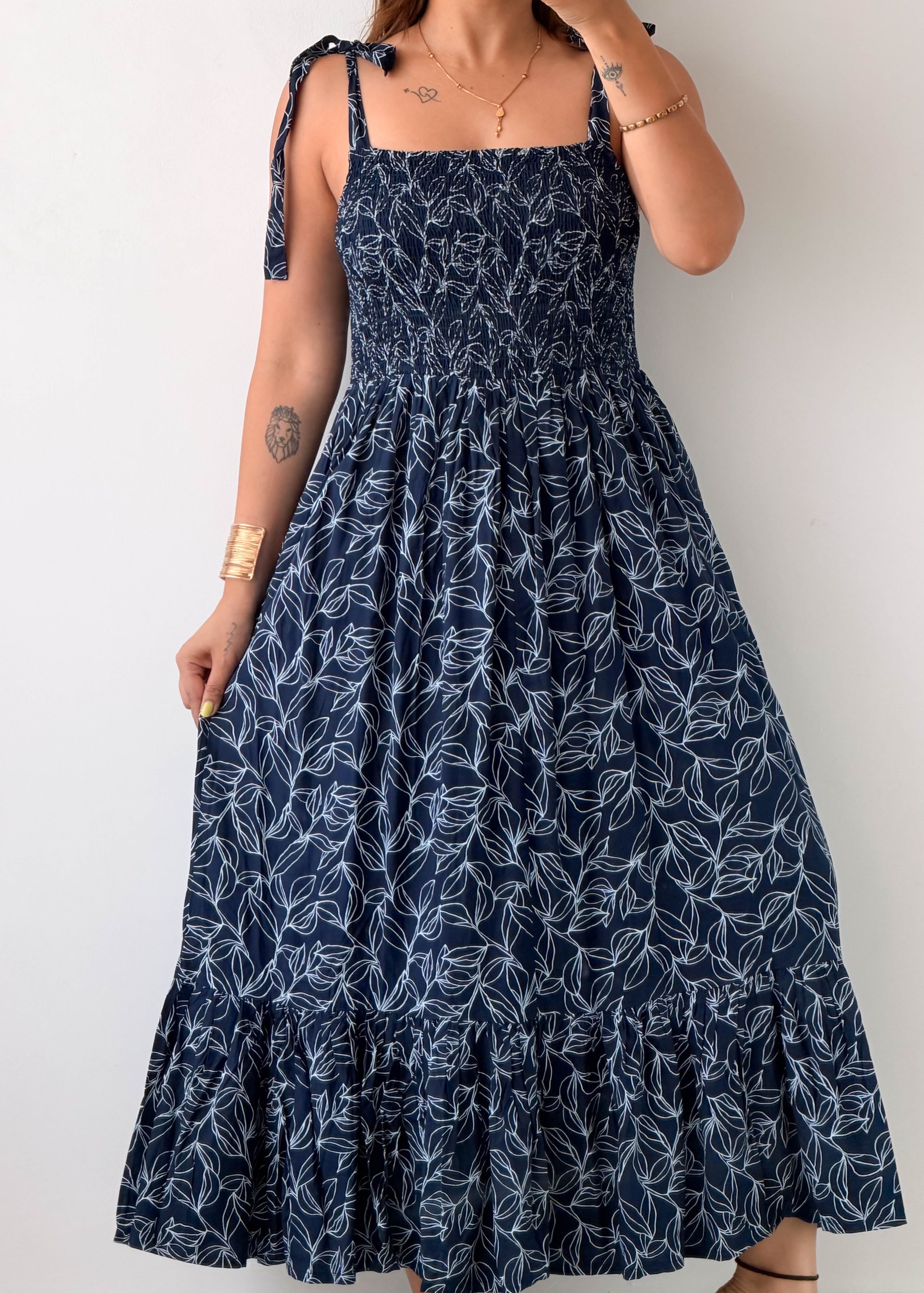 Size M-L Navy Floral Smocked Maxi Dress
