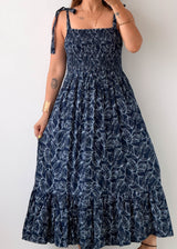 Size M-L Navy Floral Smocked Maxi Dress
