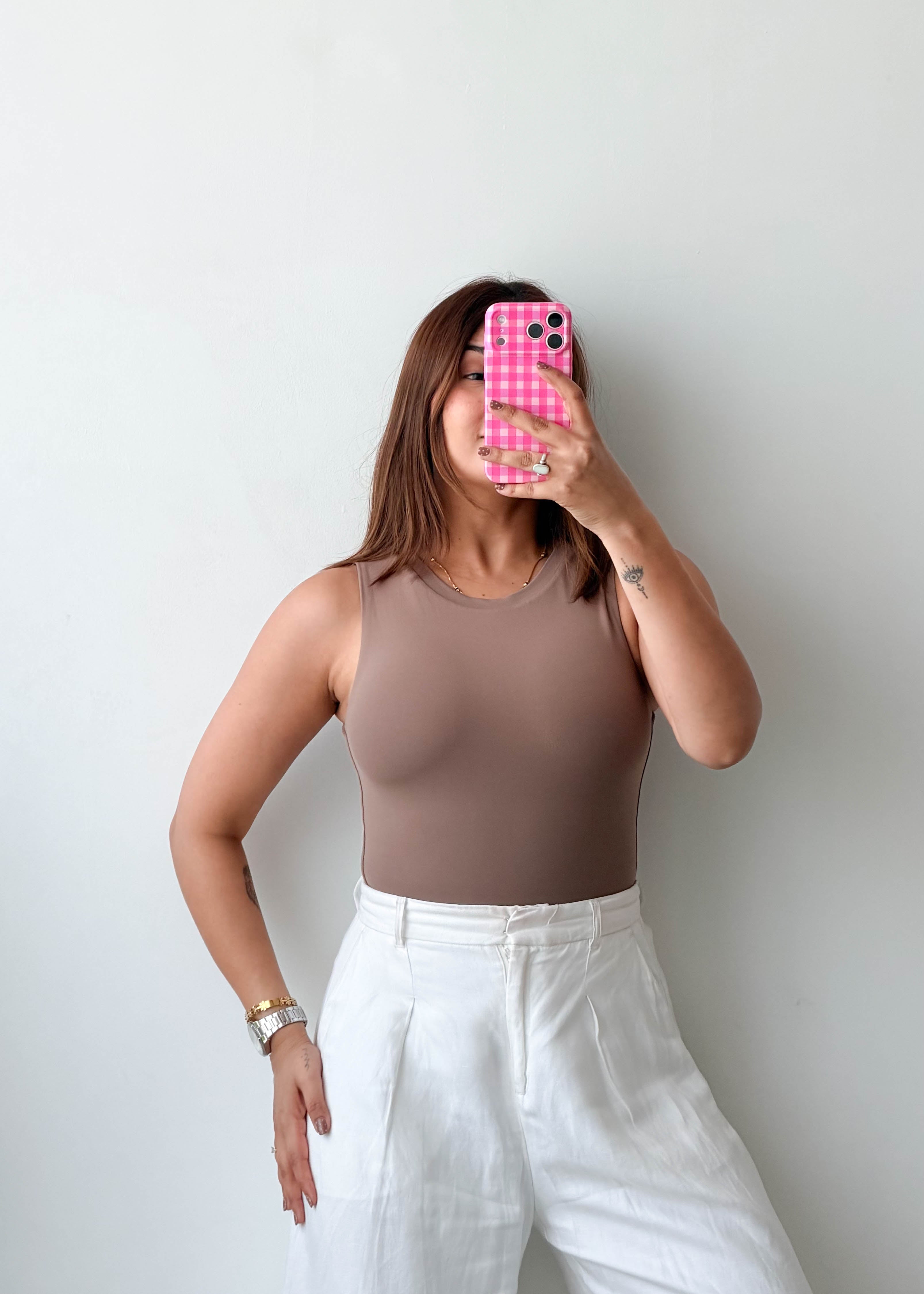 Size XS-S Taupe High Neck Sleeveless Bodysuit