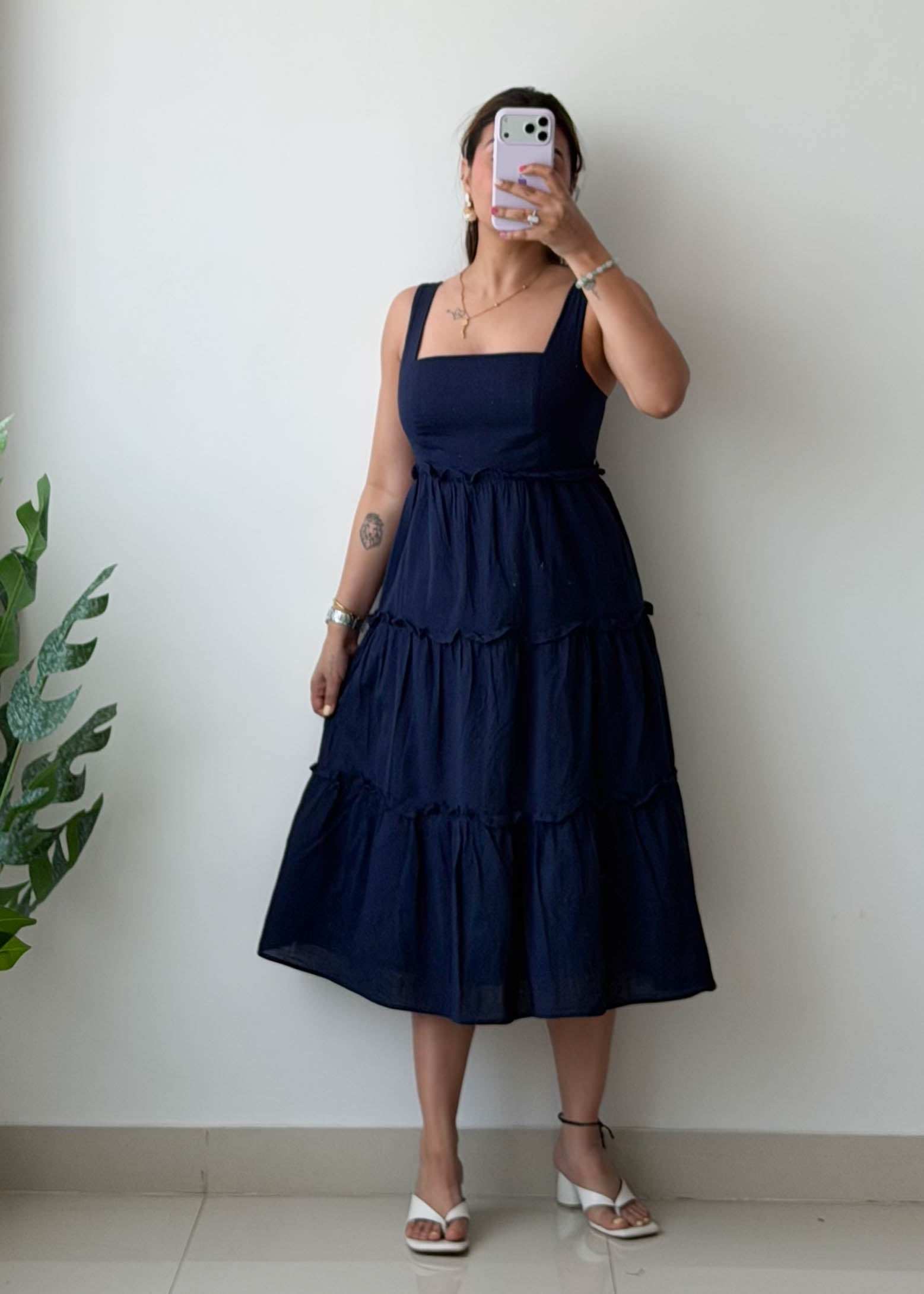 Size S Navy Blue Tiered Midi Dress
