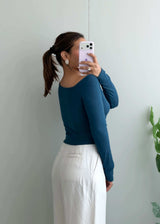 Size M-L, Teal Cut-Out Long Sleeve Top - Closet by Payal