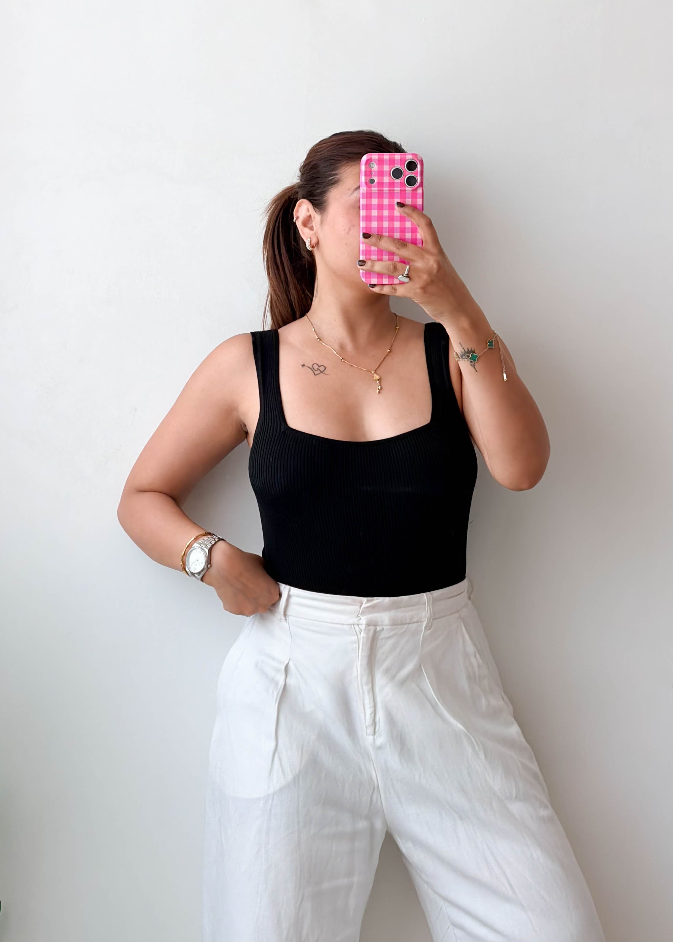 Size M-L Black Square Neck Top