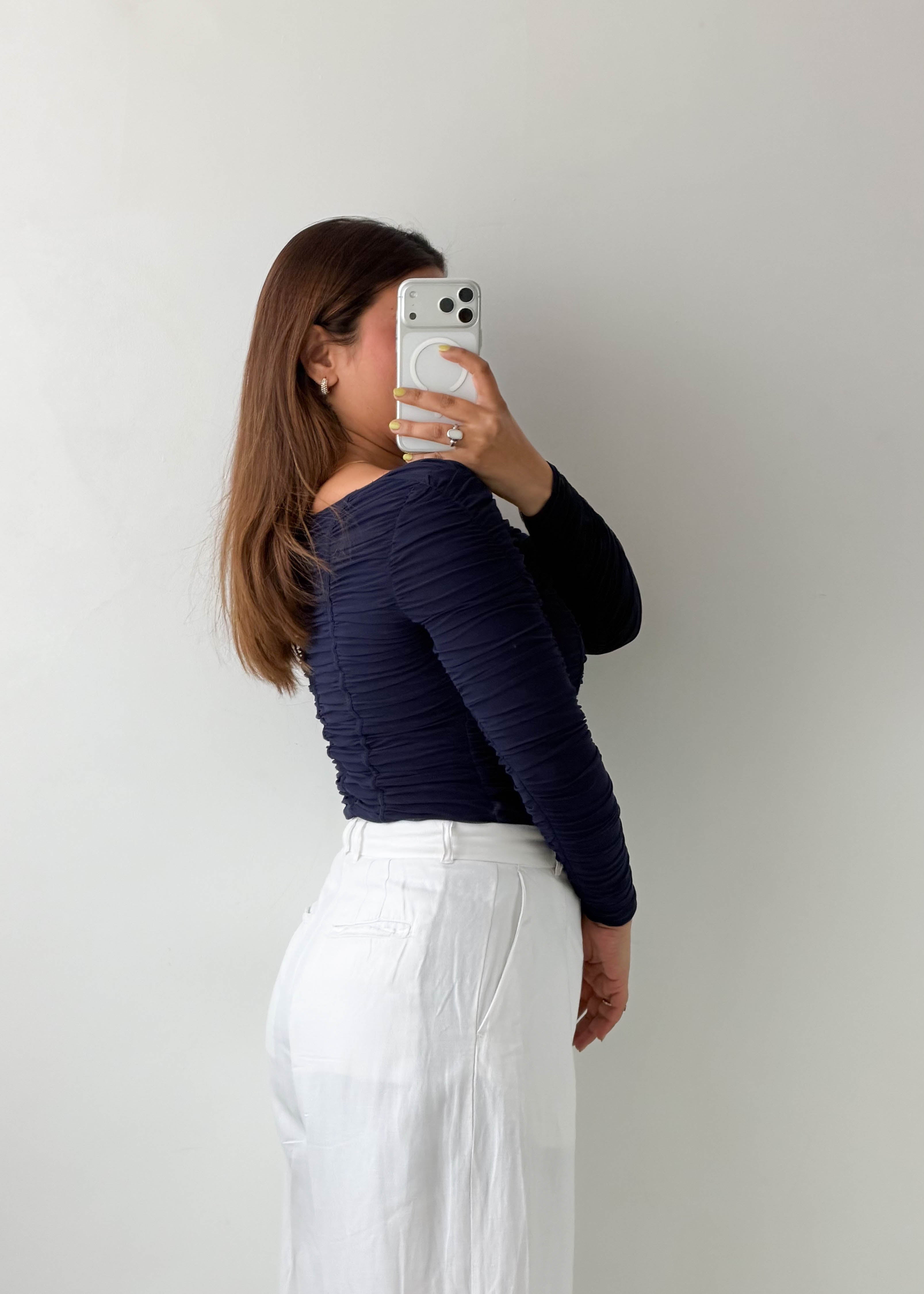 Size XS-S Navy Ruched Square Neck Bodysuit