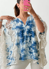 Free Size Blue Tie-Dye Crochet Kaftan Top