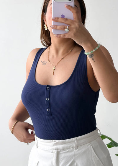 Size L-XL, Navy Blue Button Front Scoop Neck Bodysuit