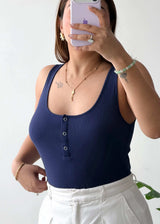 Size L-XL, Navy Blue Button Front Scoop Neck Bodysuit