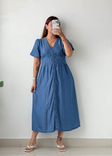 Size M Blue Denim Button-Front Midi Dress