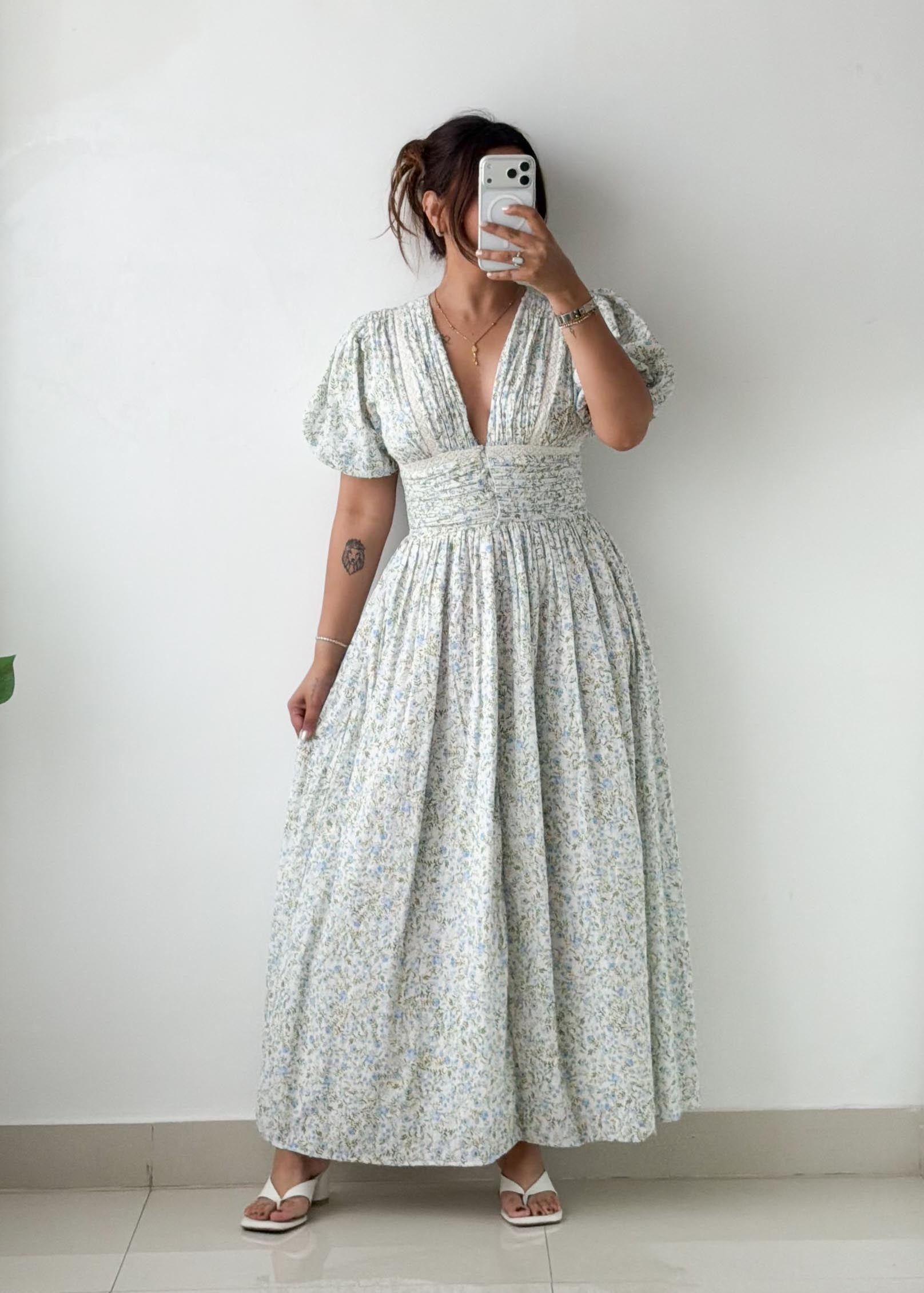 Size XS-S White Floral Print Midi Dress