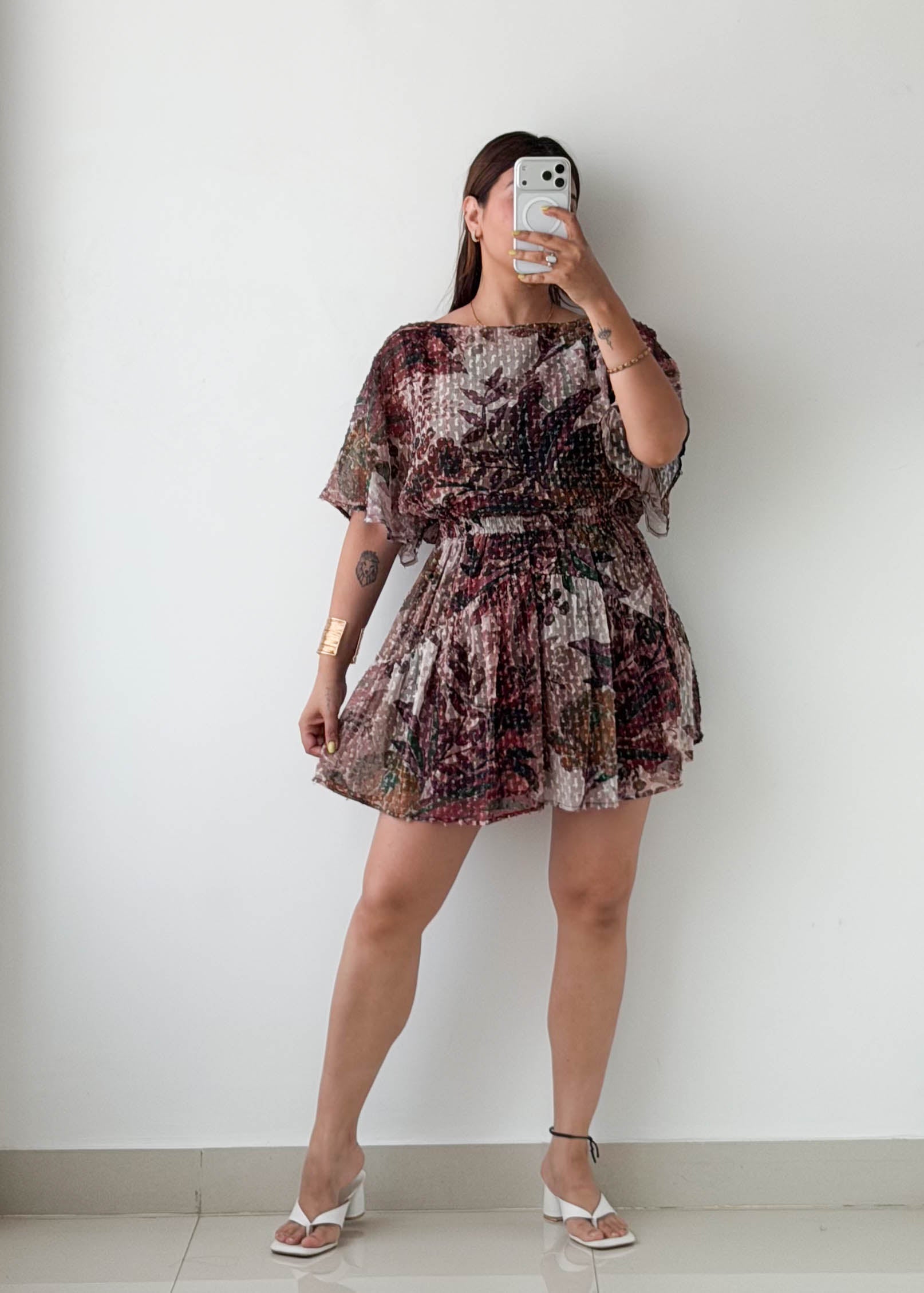 Size S-M Brown Floral Pleated Mini Dress