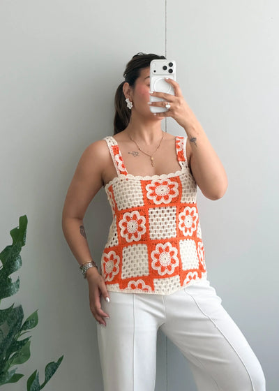 Size S-M, Cream & Orange Crochet Tank Top - Closet by Payal
