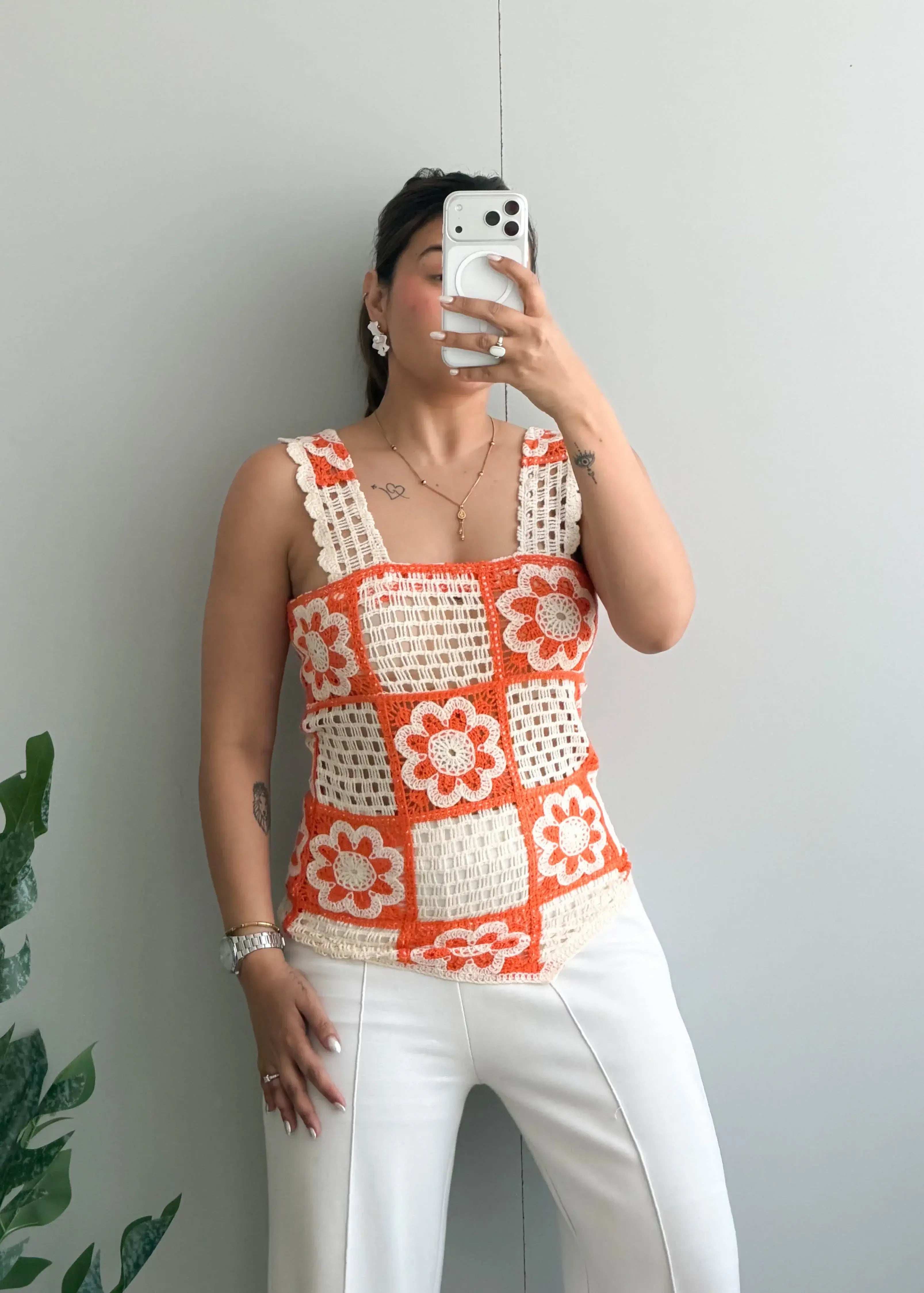 Size XS, Orange Crochet Patchwork Tank Top - Closet by Payal