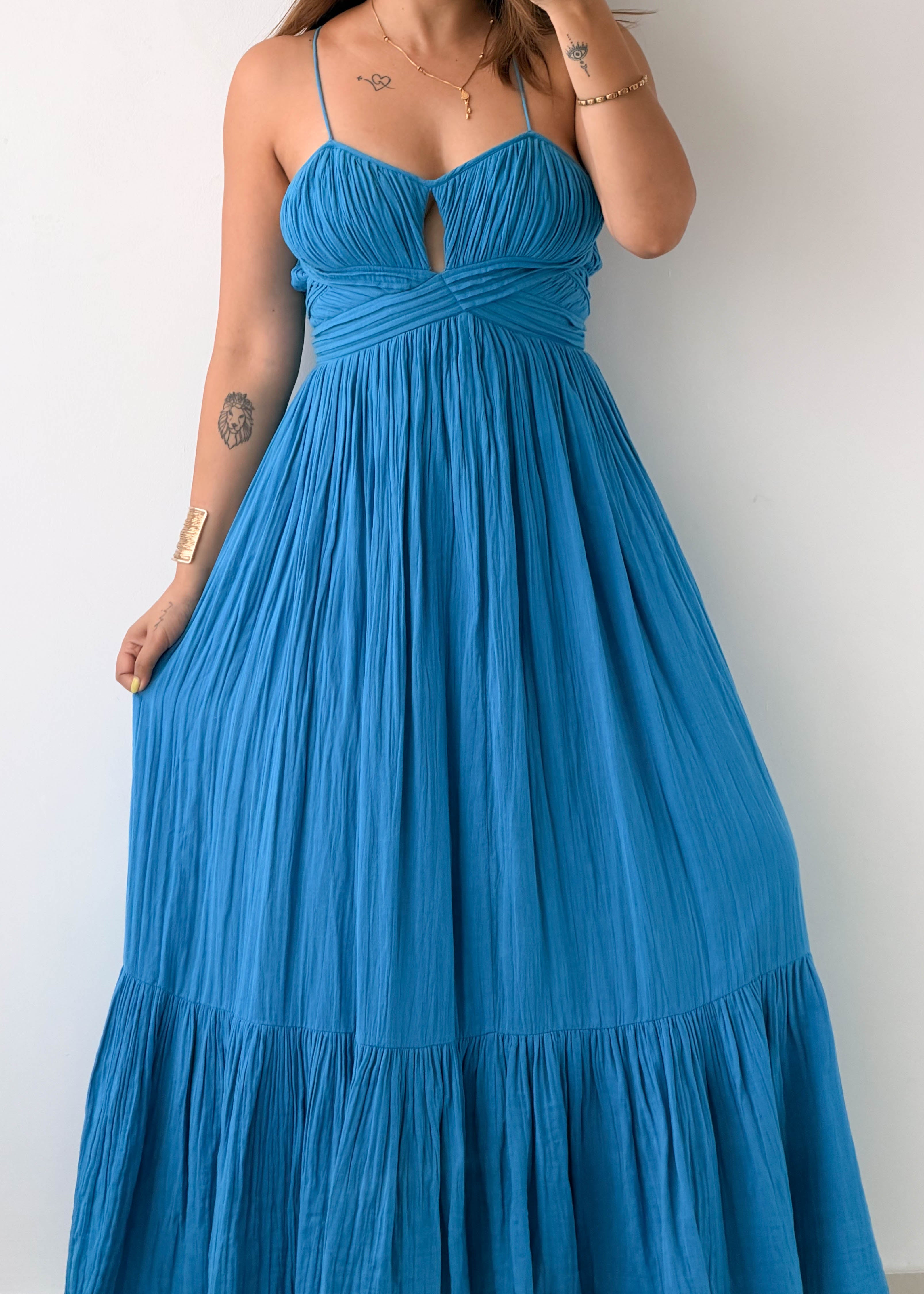 Size XS-S Blue Cut-Out Tiered Maxi Dress