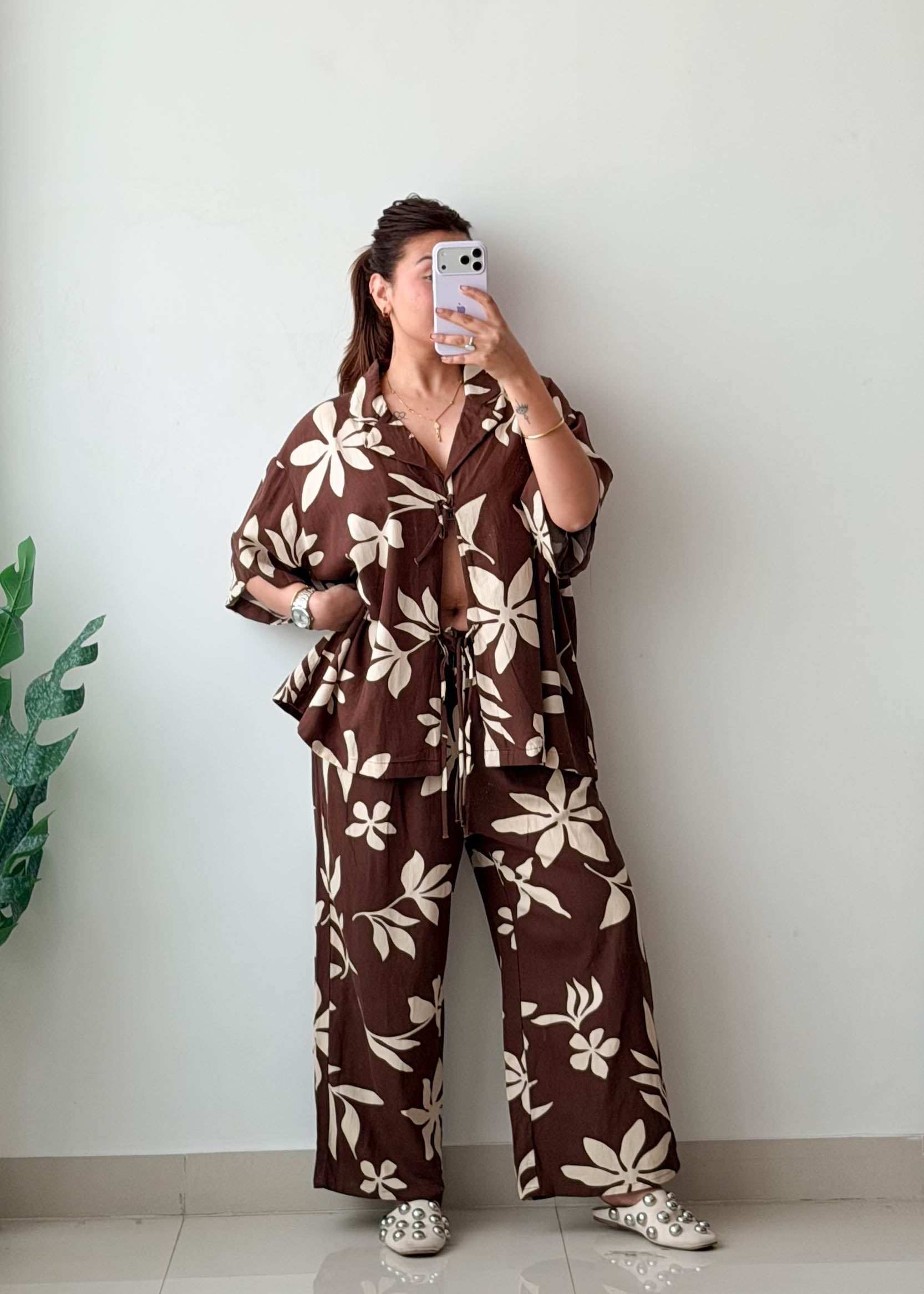 Size L-XL Brown Tropical Co-ord Set