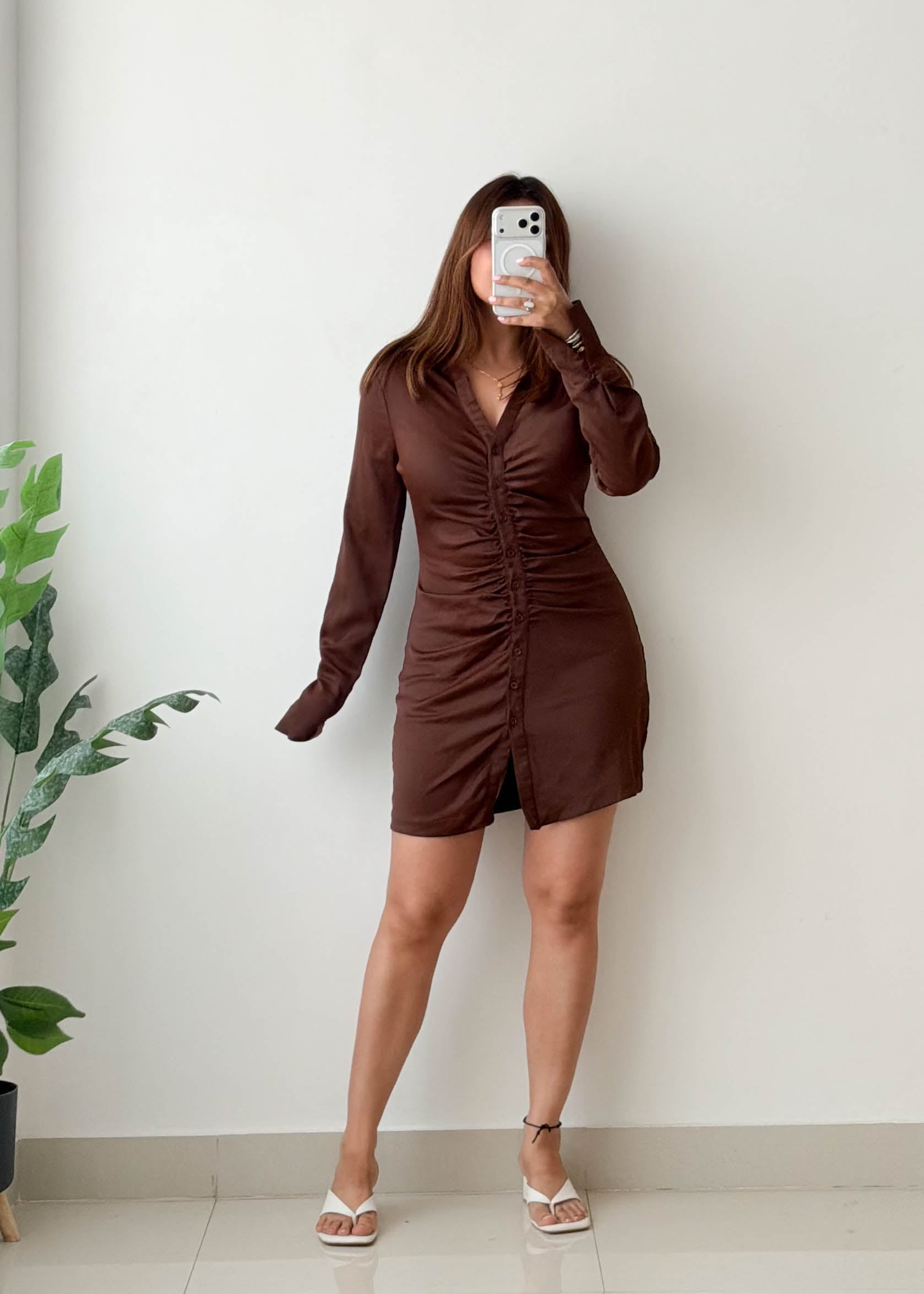 Size S-M Brown Ruched Shirt Mini Dress