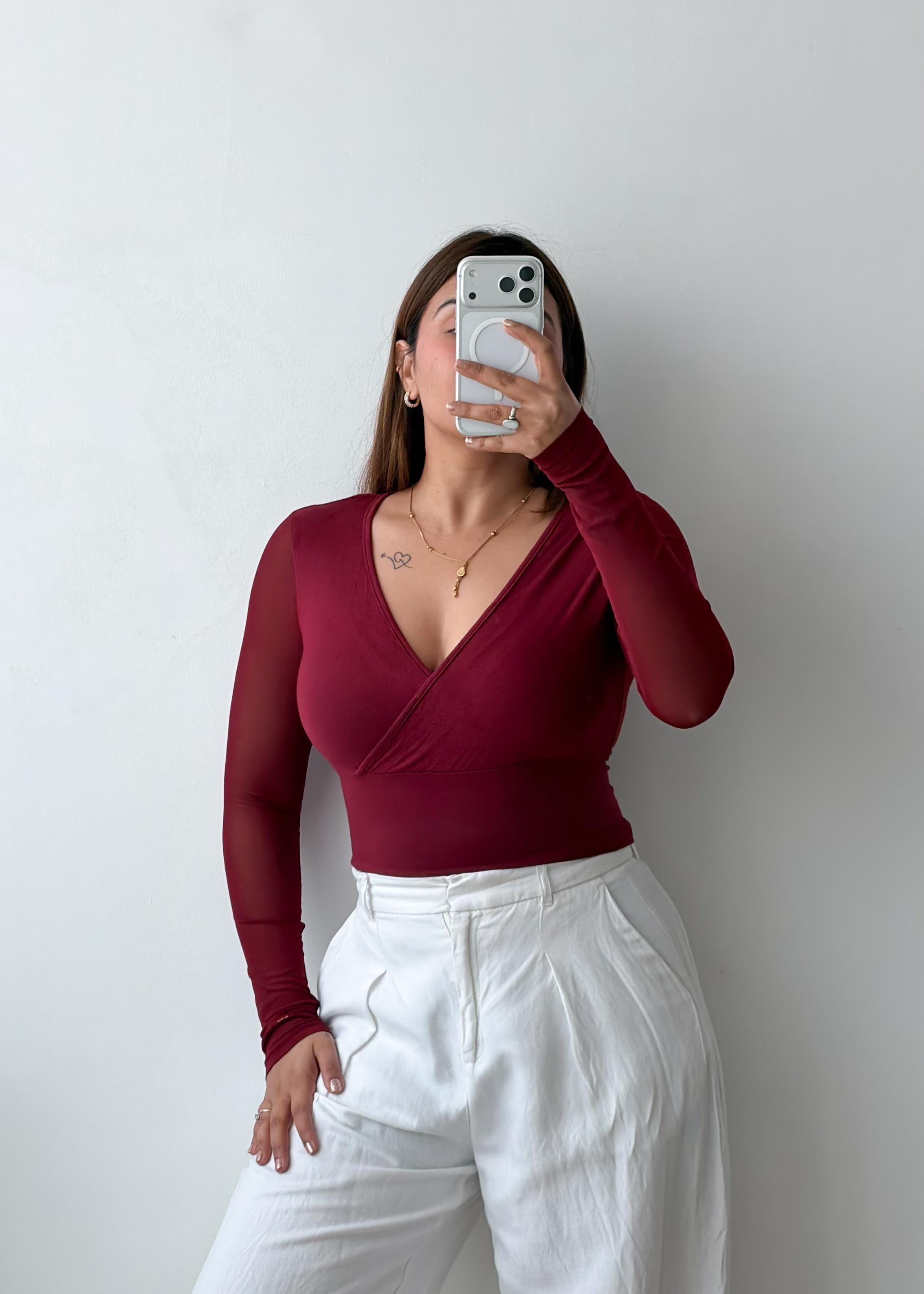 Size XS-S Wine Wrap Long Sleeve Top