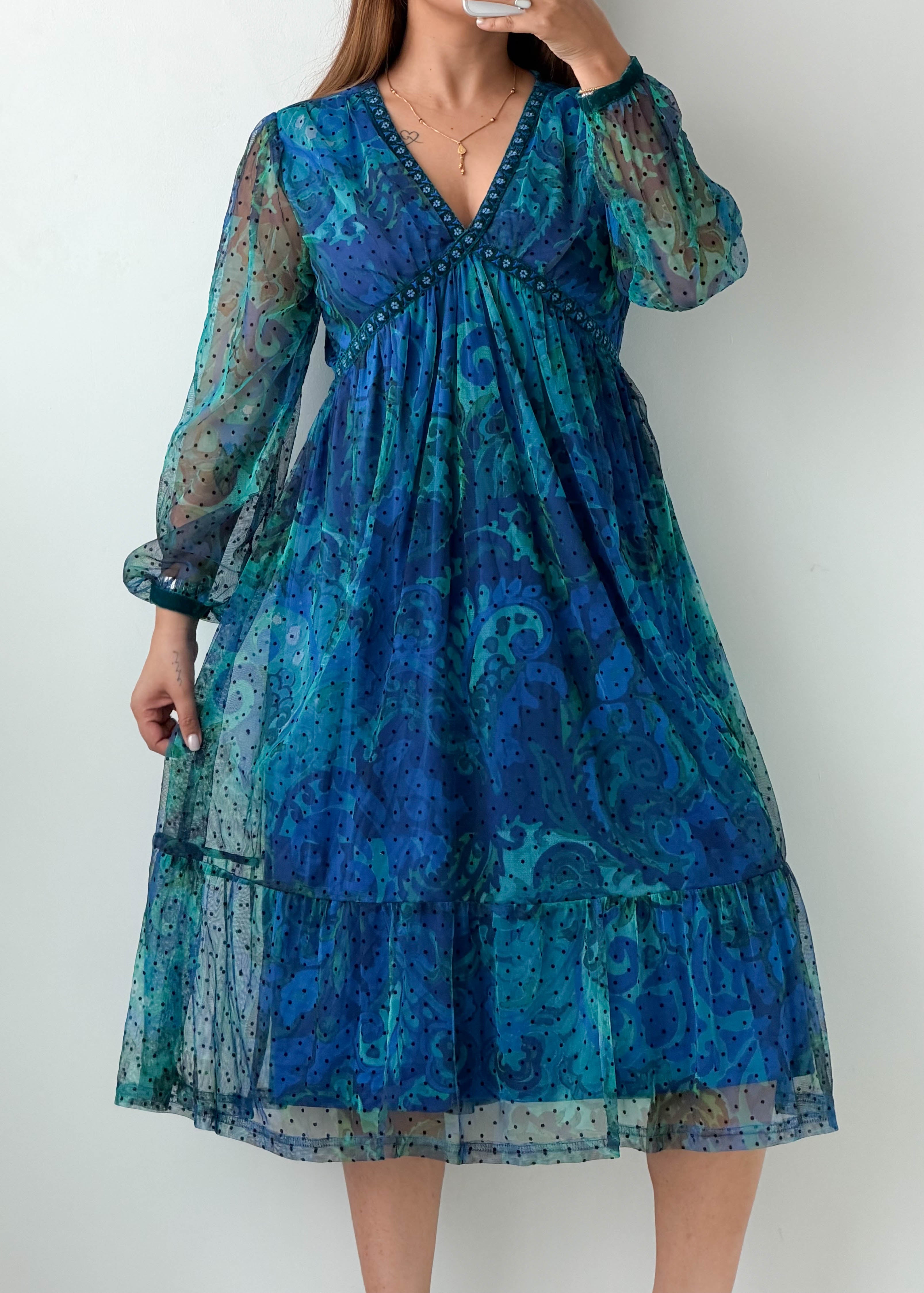 Size S-M Blue Paisley Printed Midi Dress