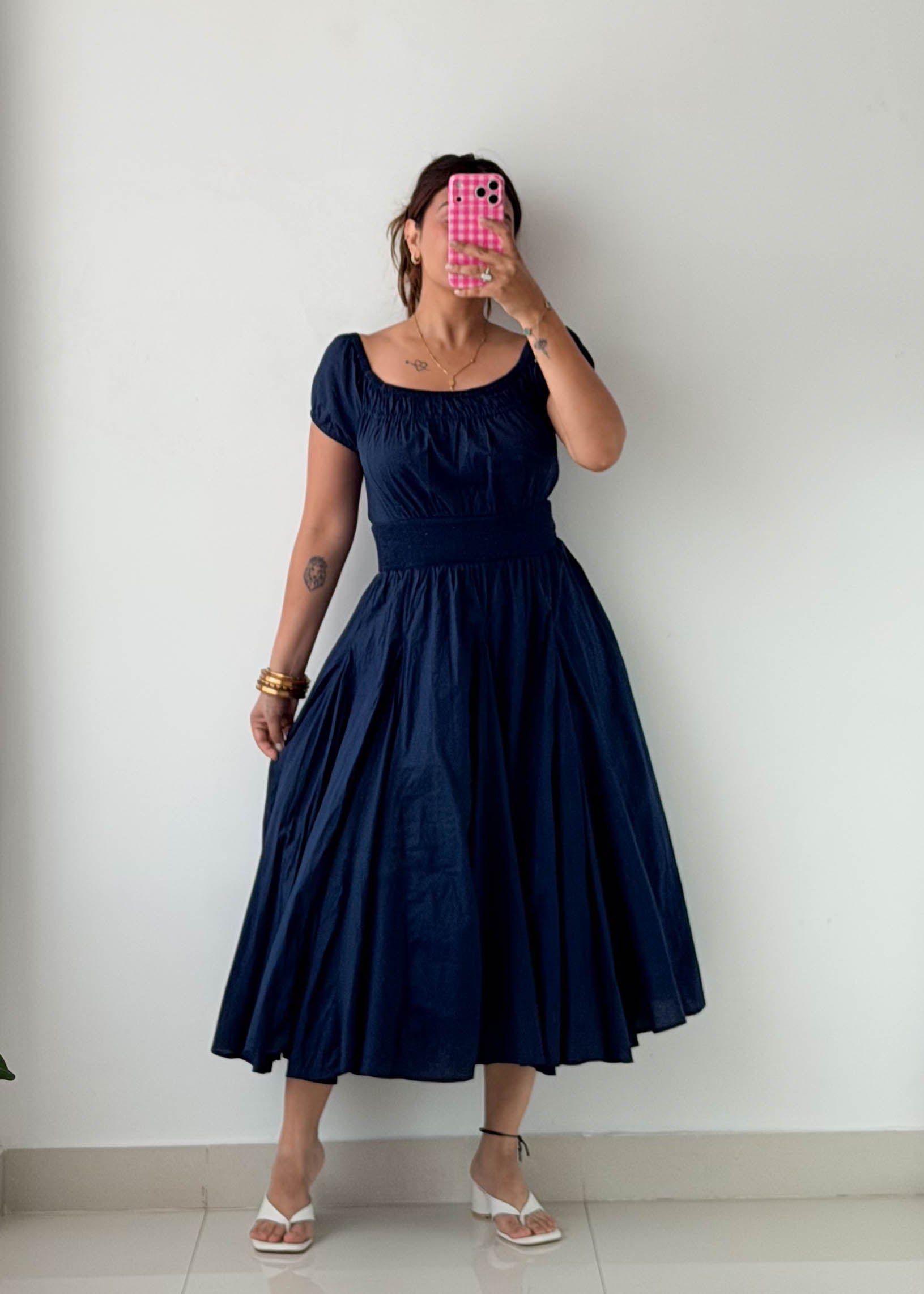 Size M-L Navy Fit & Flare Midi Dress