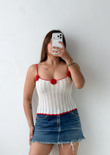 Size S-M White & Red Floral Crochet Knit Top