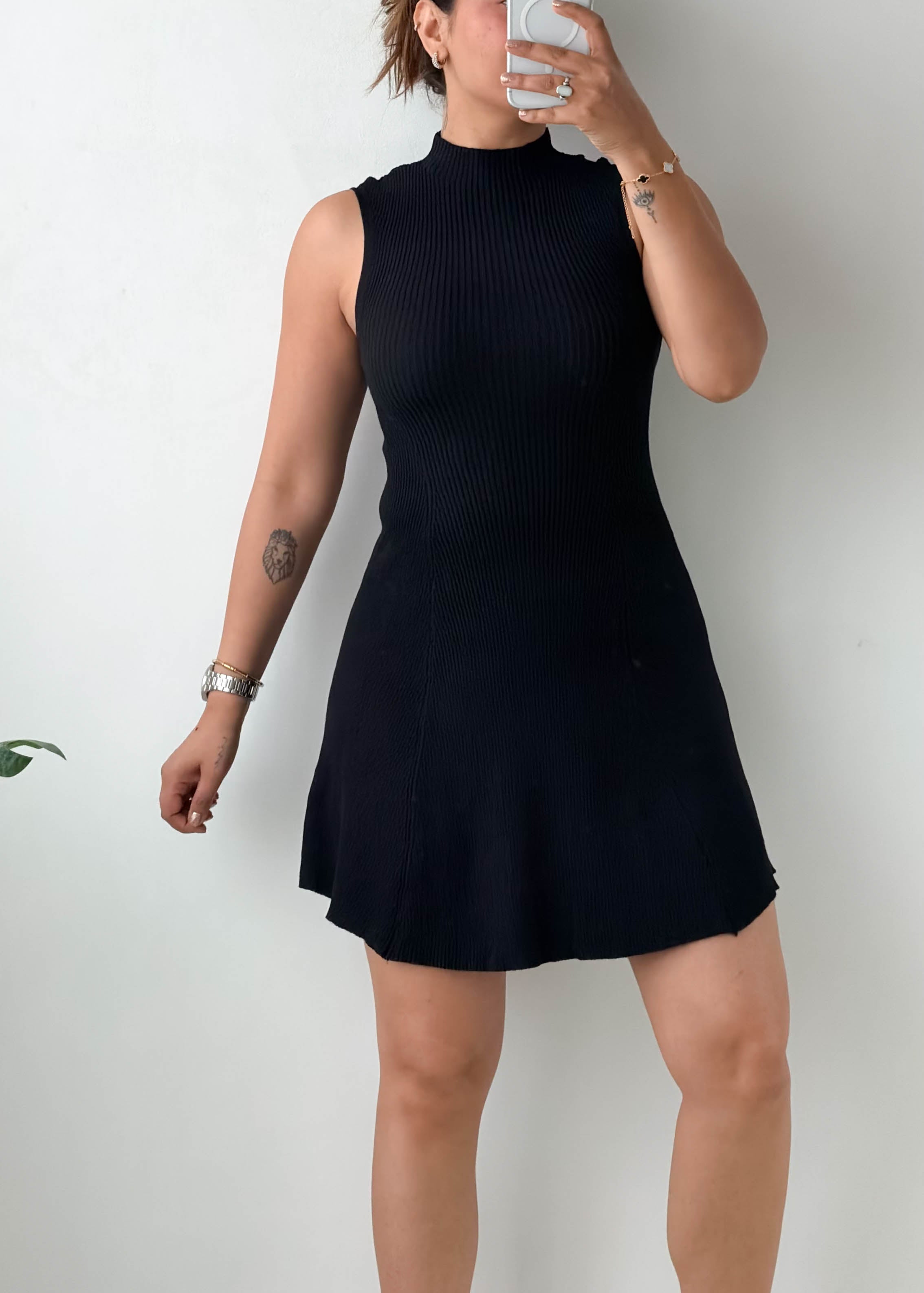Size S-M Black Mock Neck Fit & Flare Knit Mini Dress