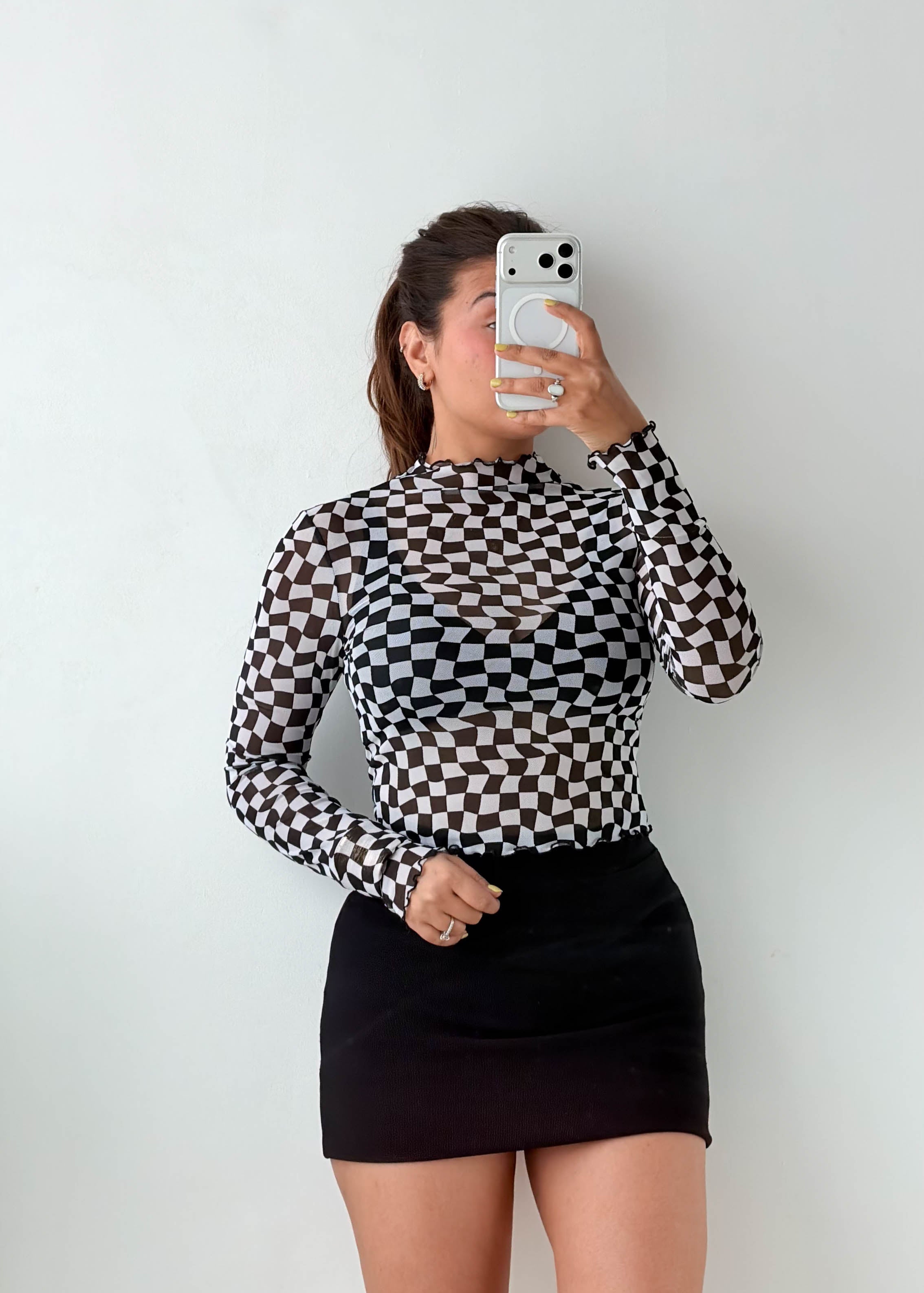 Size S-M Black Checkered Mesh High Neck Top