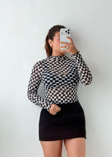 Size S-M Black Checkered Mesh High Neck Top