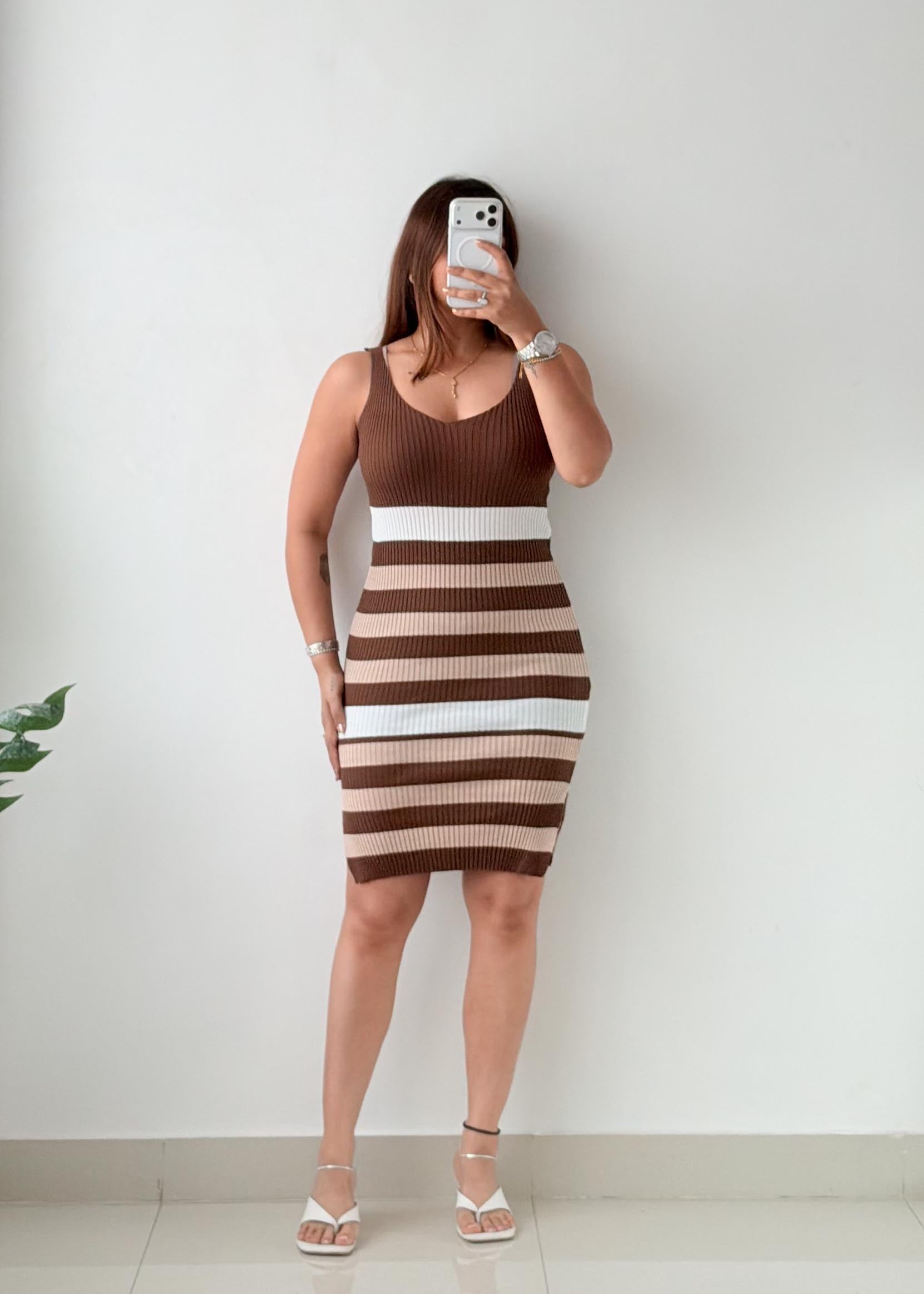 Size S-M Brown & Cream Striped Ribbed Knit Mini Dress