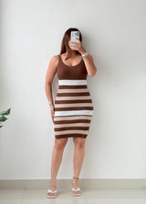 Size S-M Brown & Cream Striped Ribbed Knit Mini Dress