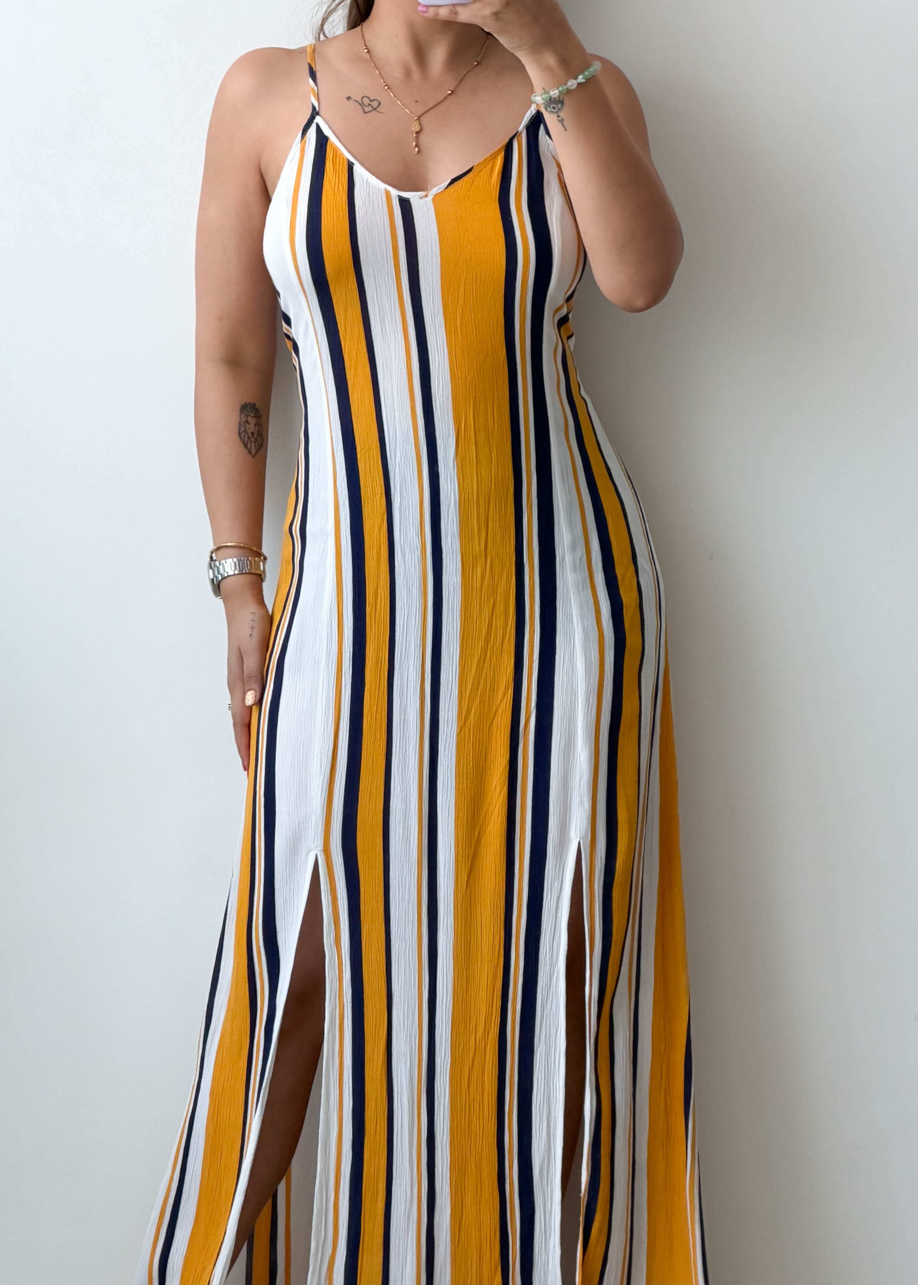 M-L Yellow White Striped Side Slit Maxi Dress