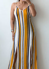 M-L Yellow White Striped Side Slit Maxi Dress