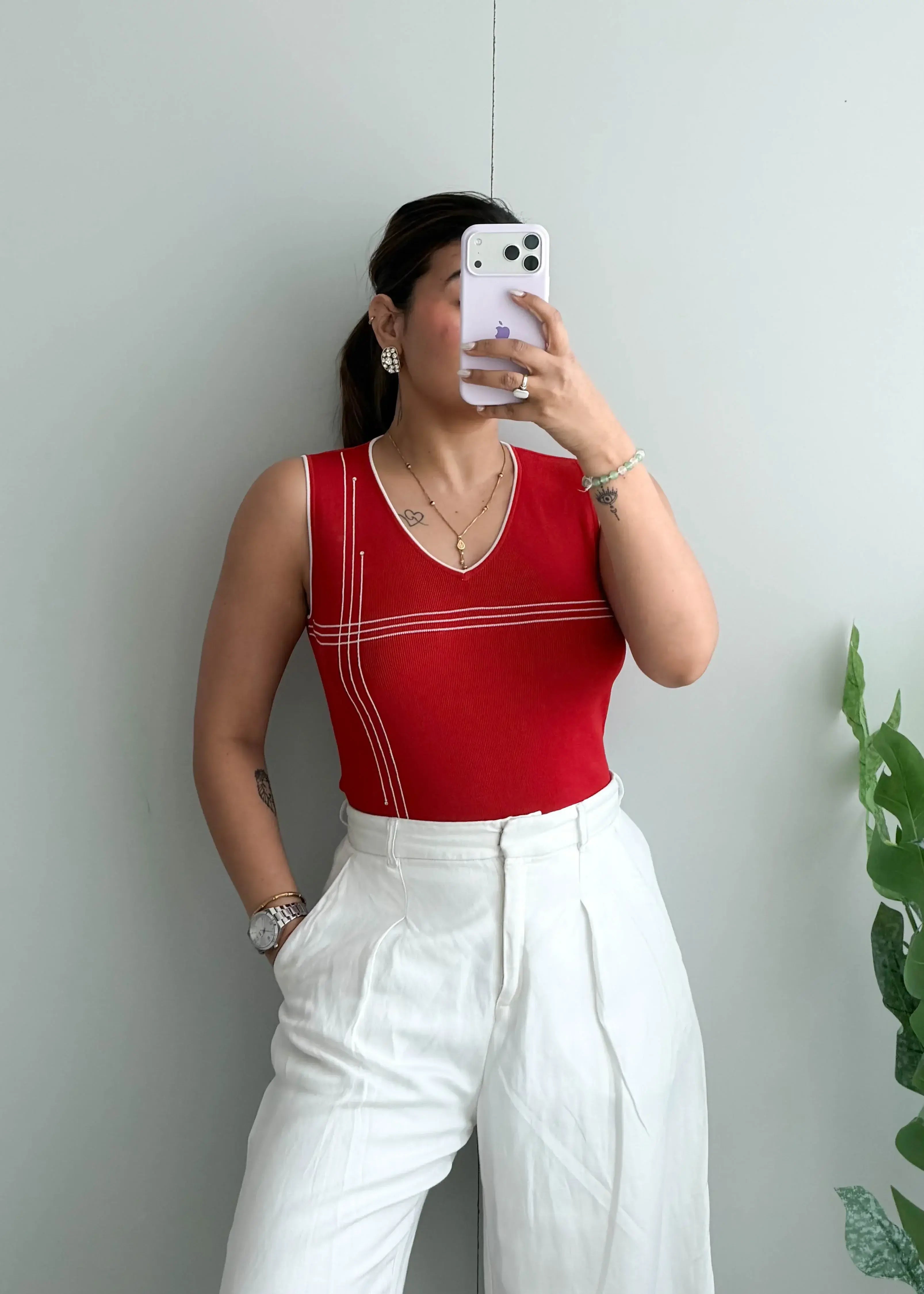 Size S-M, Red Contrast Stitch Sleeveless Top - Closet by Payal