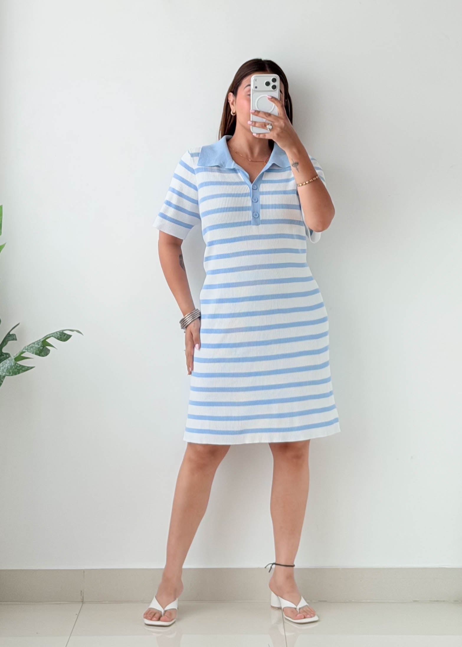 Size XL-2XL Sky Blue Striped Polo Knit Dress