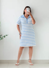 Size XL-2XL Sky Blue Striped Polo Knit Dress
