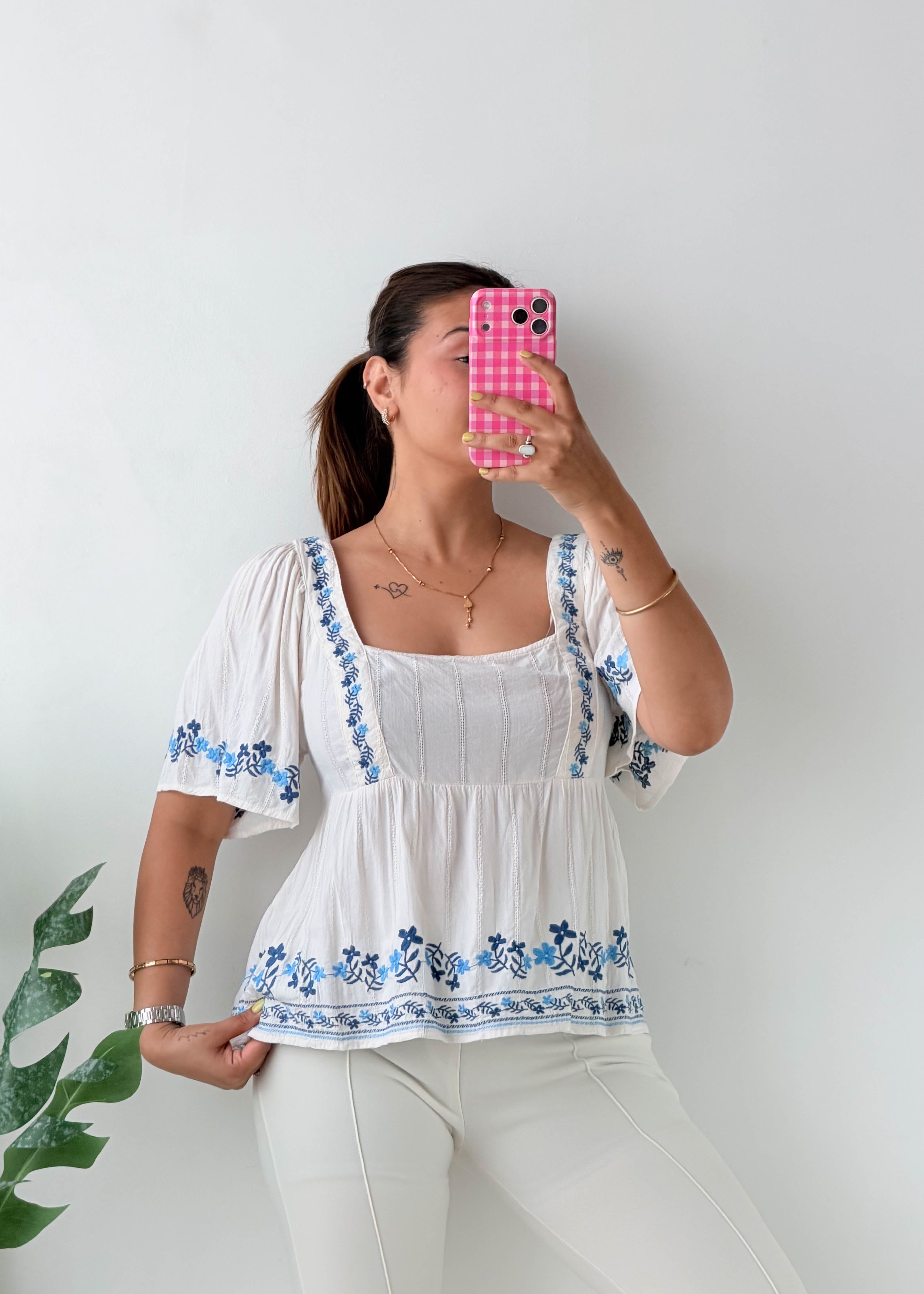 Size S-M White Blue Embroidered Peplum Top