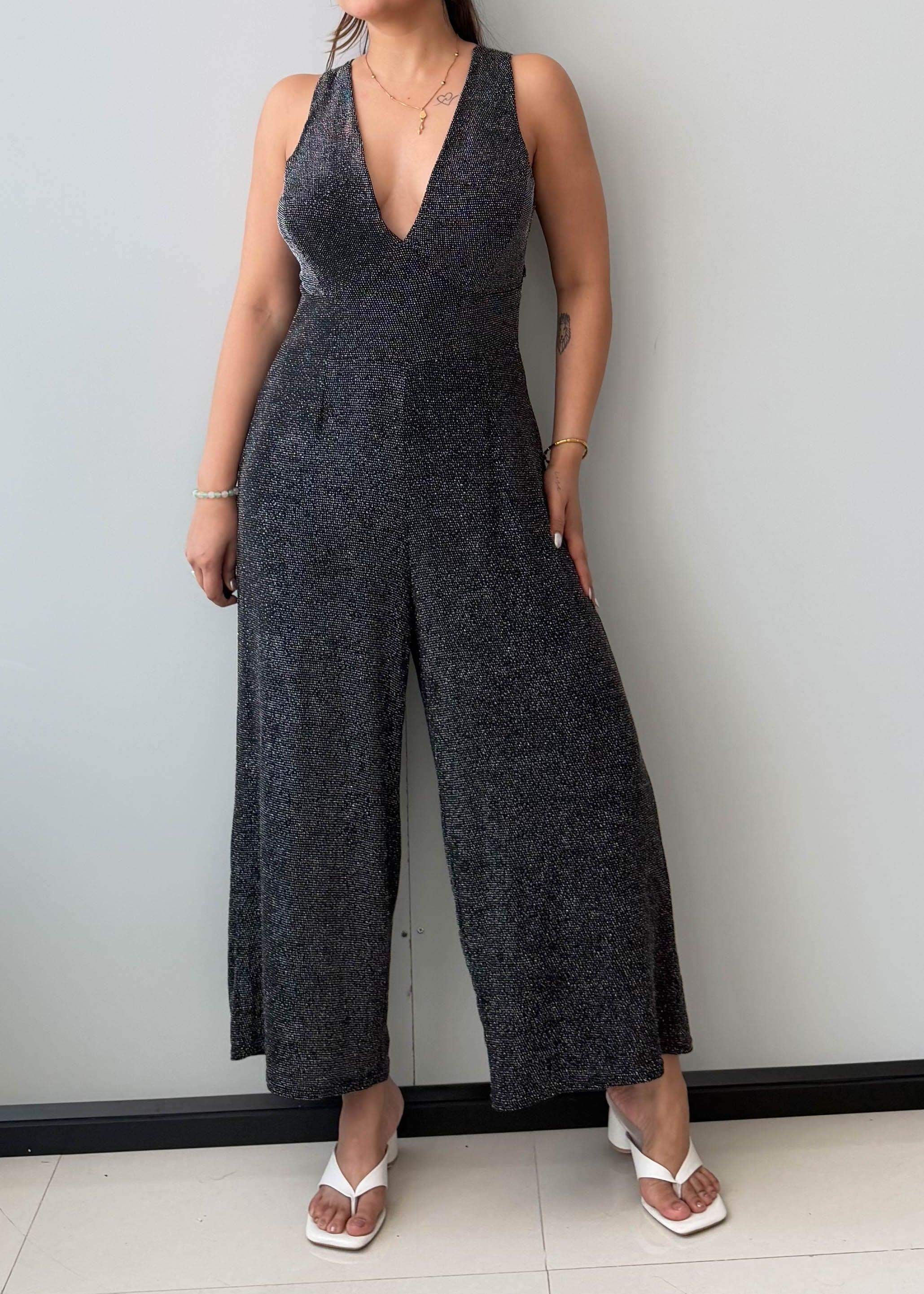 Size S-M, Deep V-Neck Wide Leg Jumpsuit - Closet by Payal