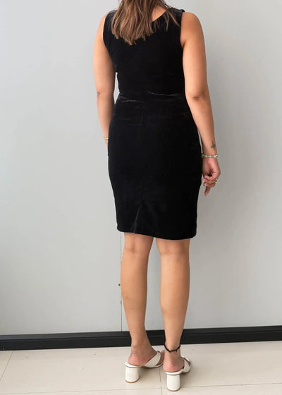 Size M-L, Black Velvet Bodycon Midi Dress - Closet by Payal