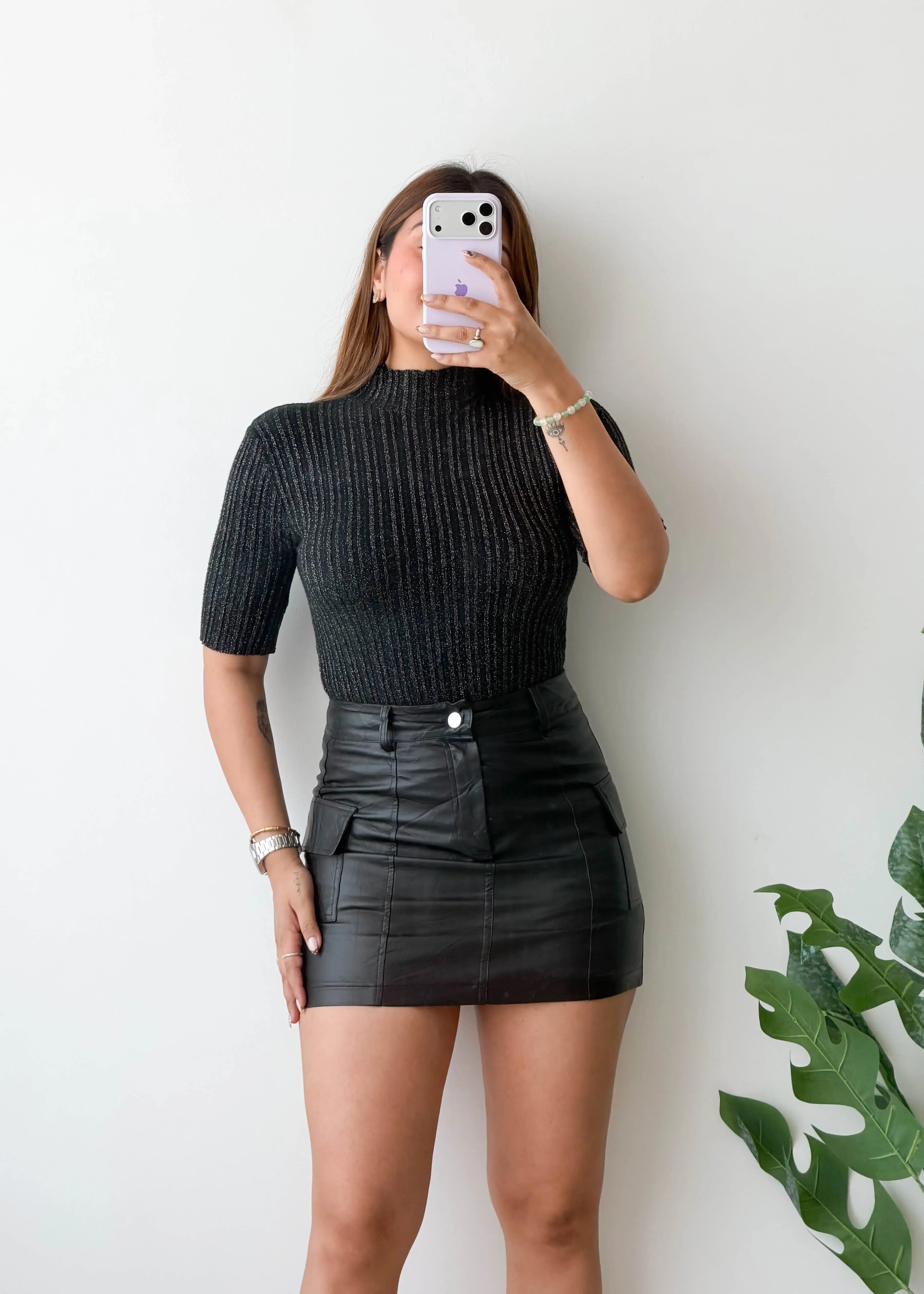 Size S-M, Black Ribbed High Neck Top