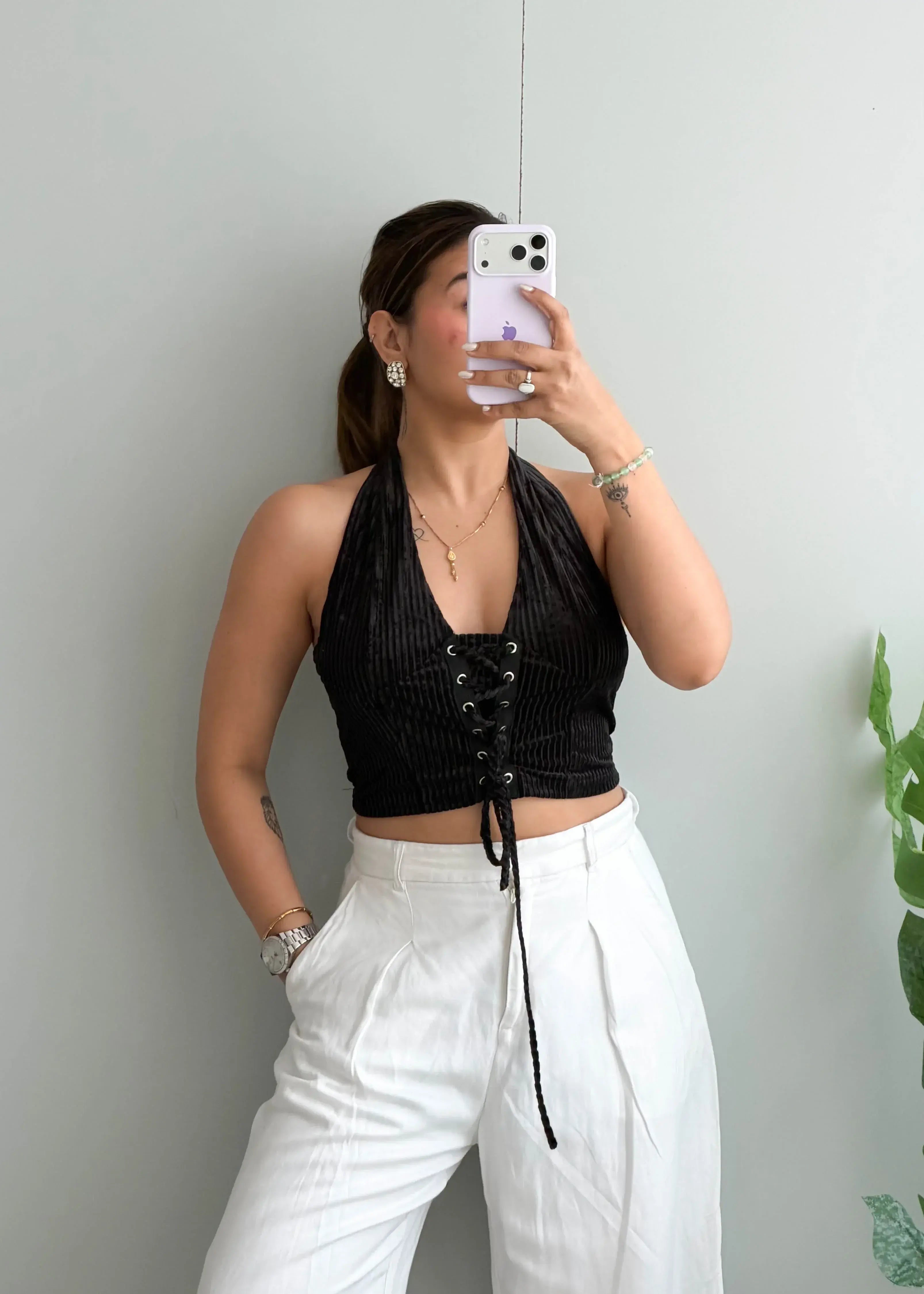 Size S-M, Black Lace-Up Ribbed Crop Top - Closet by Payal